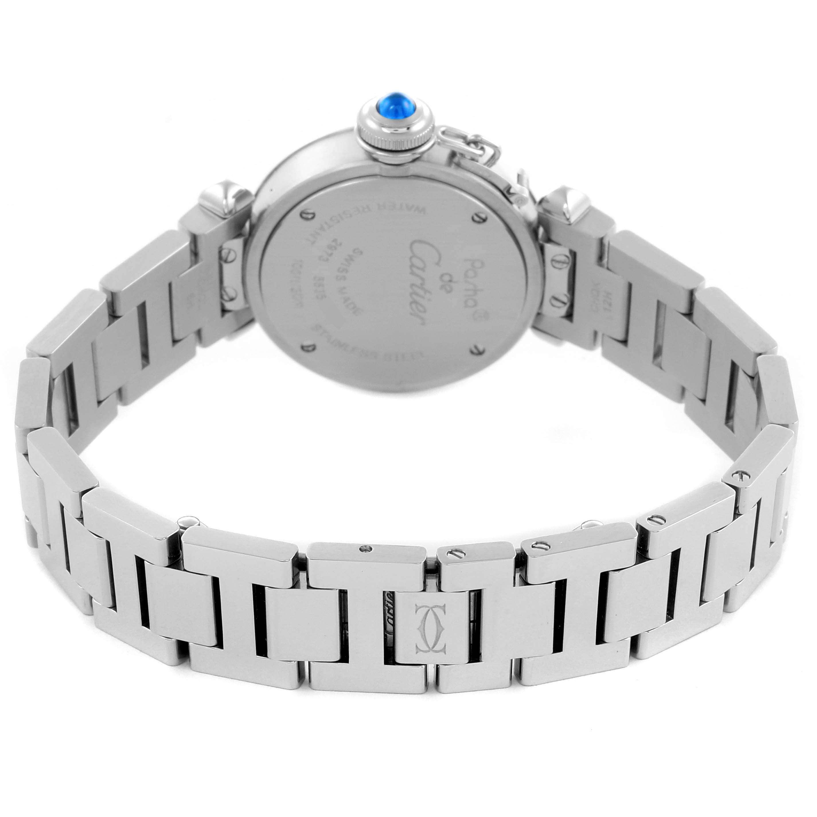 The Cartier Pasha W3140024 Women's Stainless Steel Blue Dial W3140024 Women's Stainless Steel Blue Dial watch is shown from the back, highlighting the case and metal bracelet with a view of the clasp.