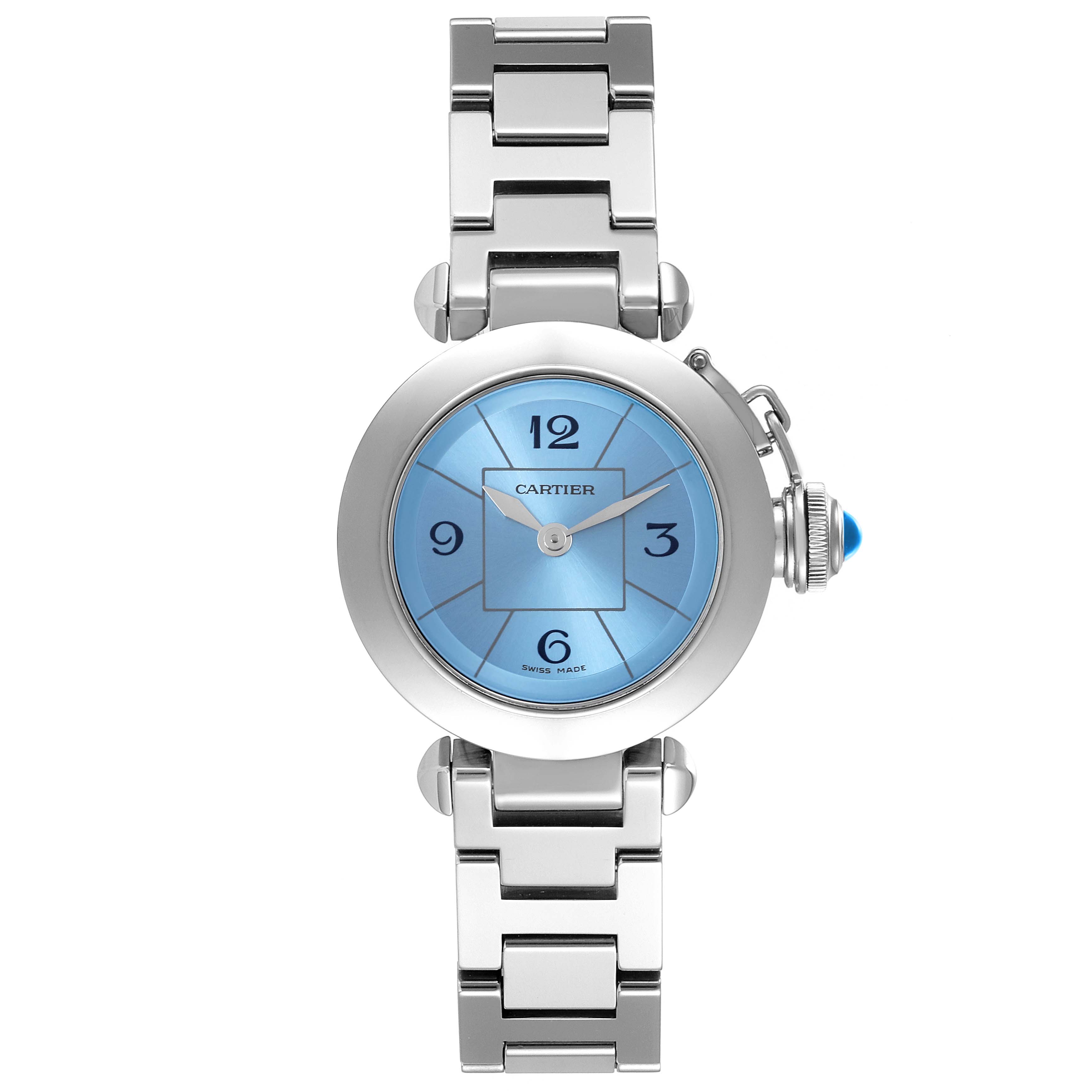 The Cartier Pasha W3140024 Women's Stainless Steel Blue Dial W3140024 Women's Stainless Steel Blue Dial watch is shown from a top view, featuring its blue dial, case, bracelet, and distinctive crown.