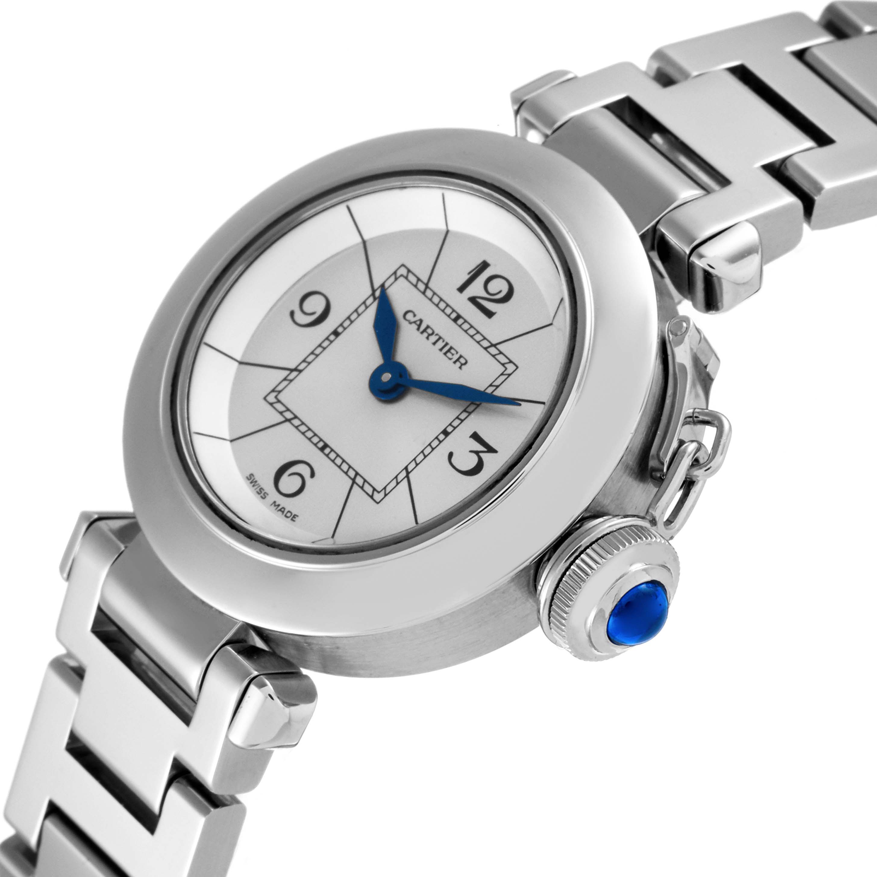 This image shows a close-up angle of the Cartier Pasha W3140007 Women
s Stainless Steel Silver Dial W3140007 Women
s Stainless Steel Silver Dial watch, highlighting the dial, crown, and part of the bracelet.