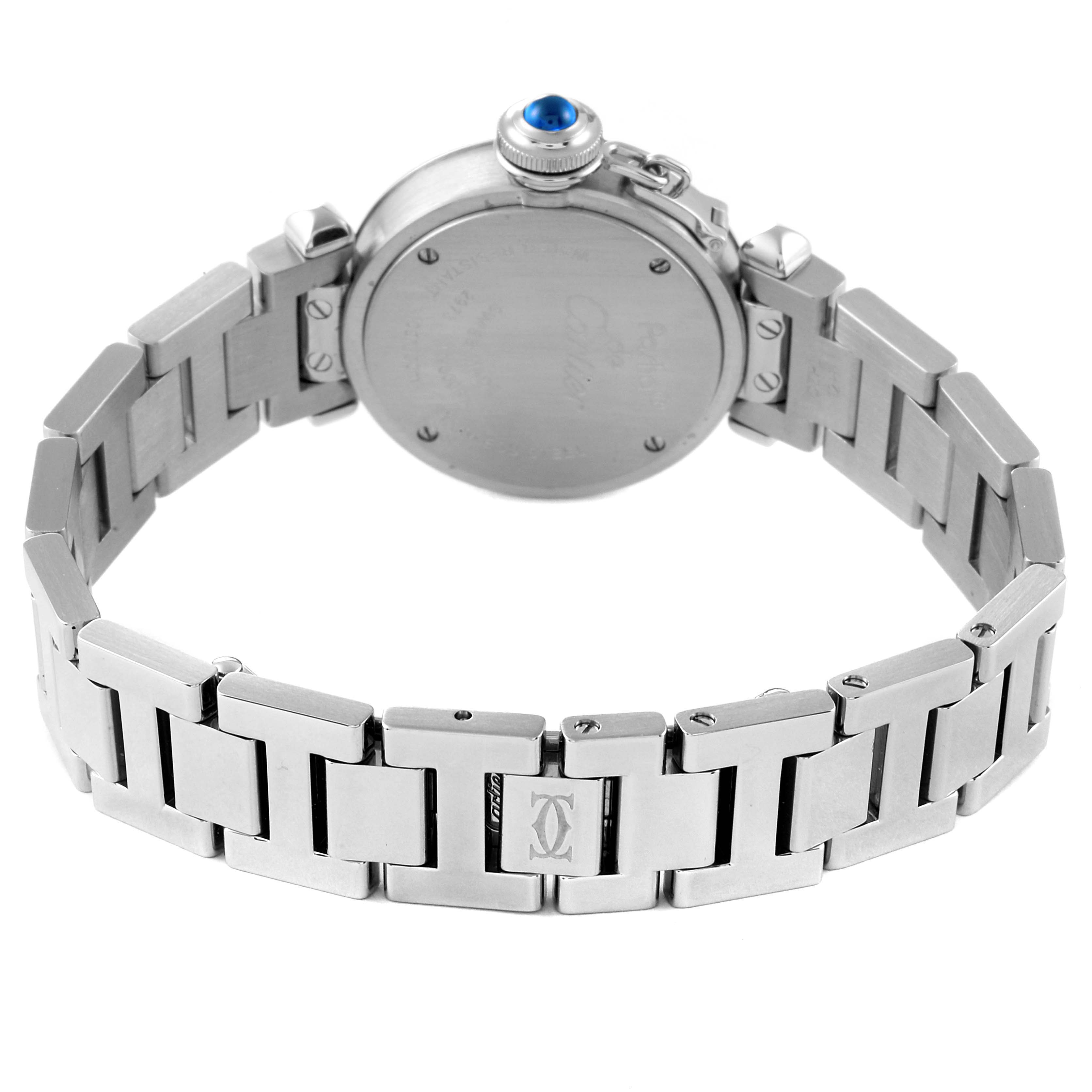 The image shows the rear view of the Cartier Pasha W3140007 Women
s Stainless Steel Silver Dial W3140007 Women
s Stainless Steel Silver Dial watch, highlighting the back case and stainless steel bracelet.