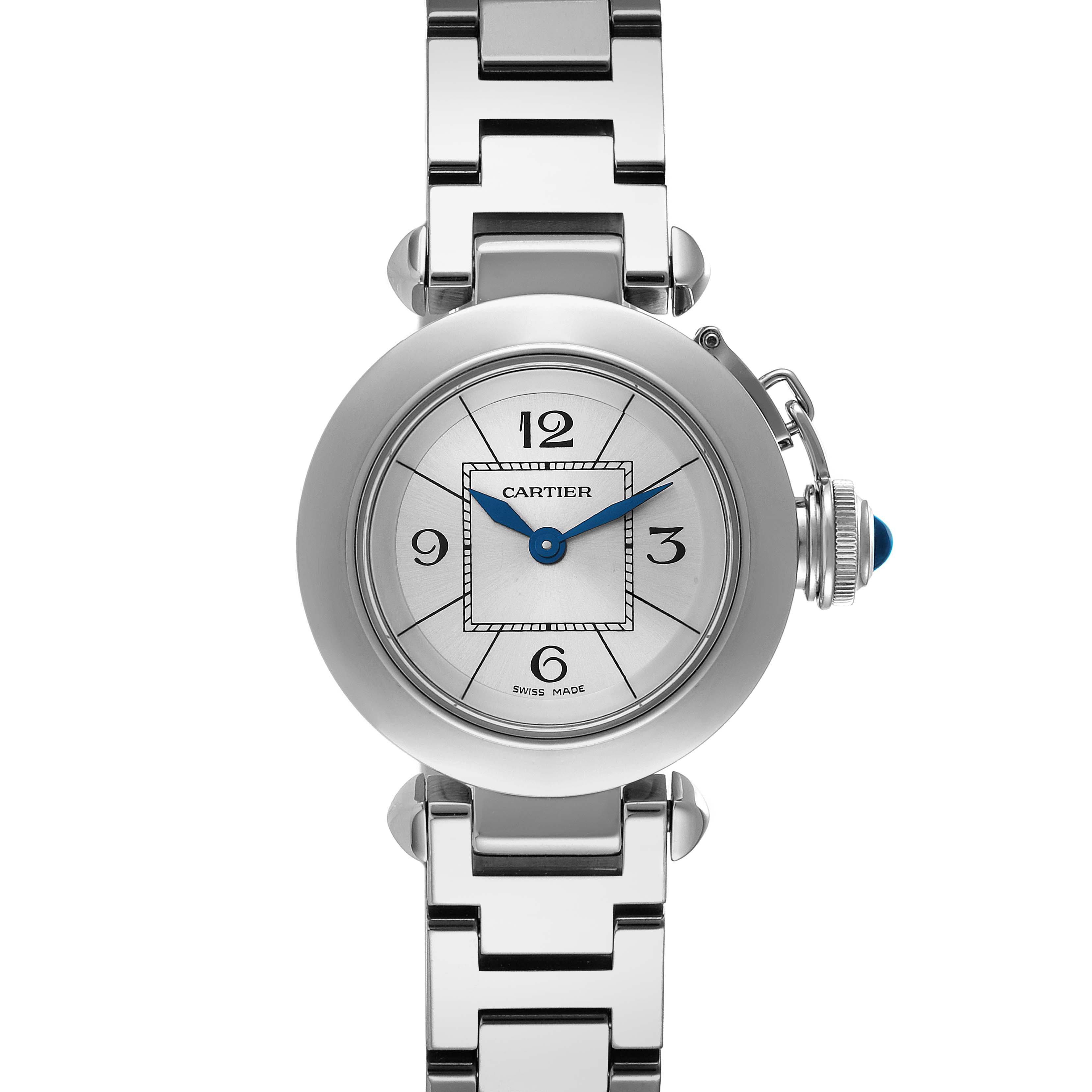 This image shows the front view of the Cartier Pasha W3140007 Women
s Stainless Steel Silver Dial W3140007 Women
s Stainless Steel Silver Dial watch, highlighting its dial, hands, bracelet, and crown.