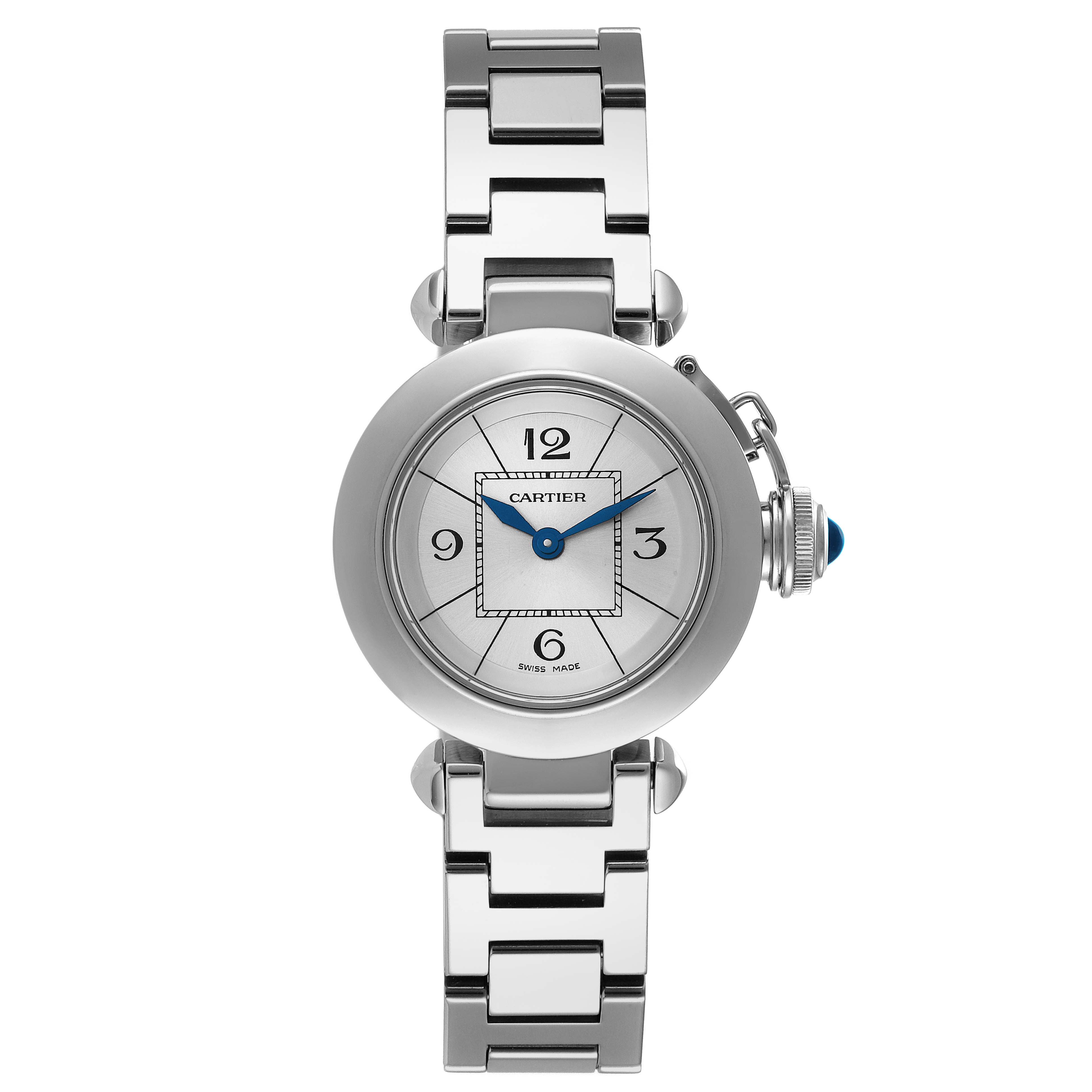 The image shows a front view of a Cartier Pasha W3140007 Women
s Stainless Steel Silver Dial W3140007 Women
s Stainless Steel Silver Dial model watch, highlighting its face, bracelet, and distinctive crown.