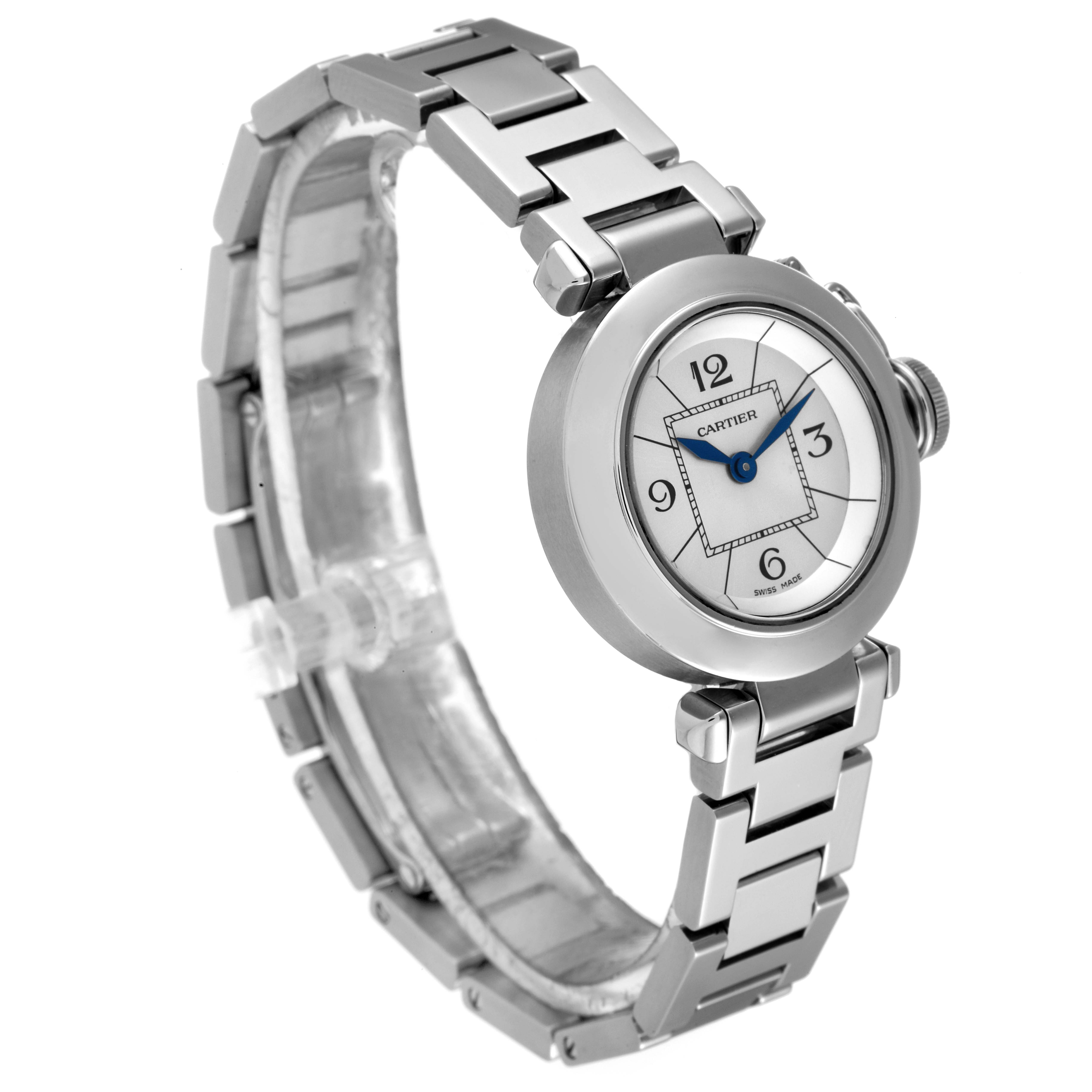 The image shows a Cartier Pasha W3140007 Women
s Stainless Steel Silver Dial W3140007 Women
s Stainless Steel Silver Dial model watch at a three-quarter angle, showcasing its dial, bezel, bracelet, and crown.
