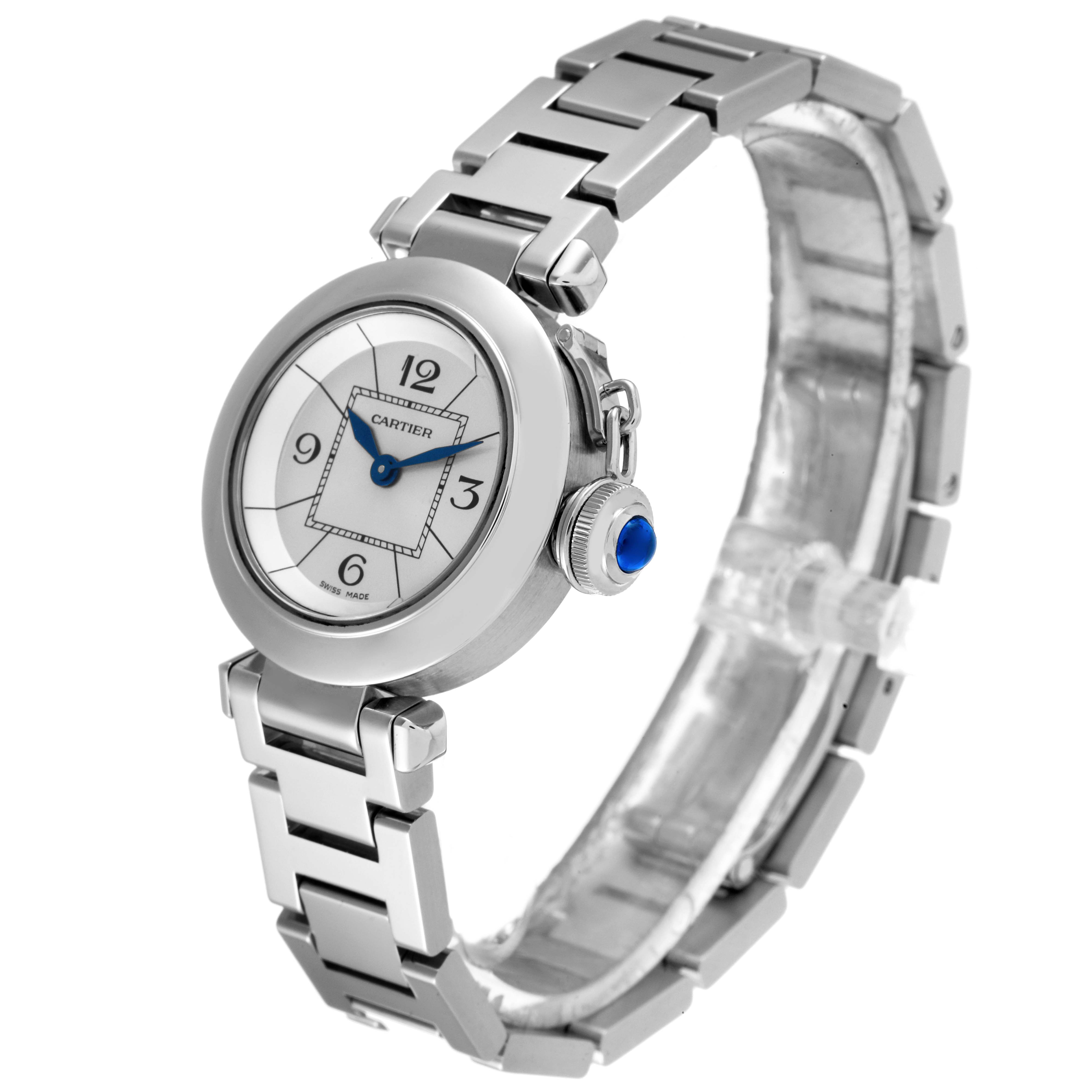 The image shows a side angle of a Cartier Pasha W3140007 Women
s Stainless Steel Silver Dial W3140007 Women
s Stainless Steel Silver Dial watch, highlighting its face, bracelet, and crown.