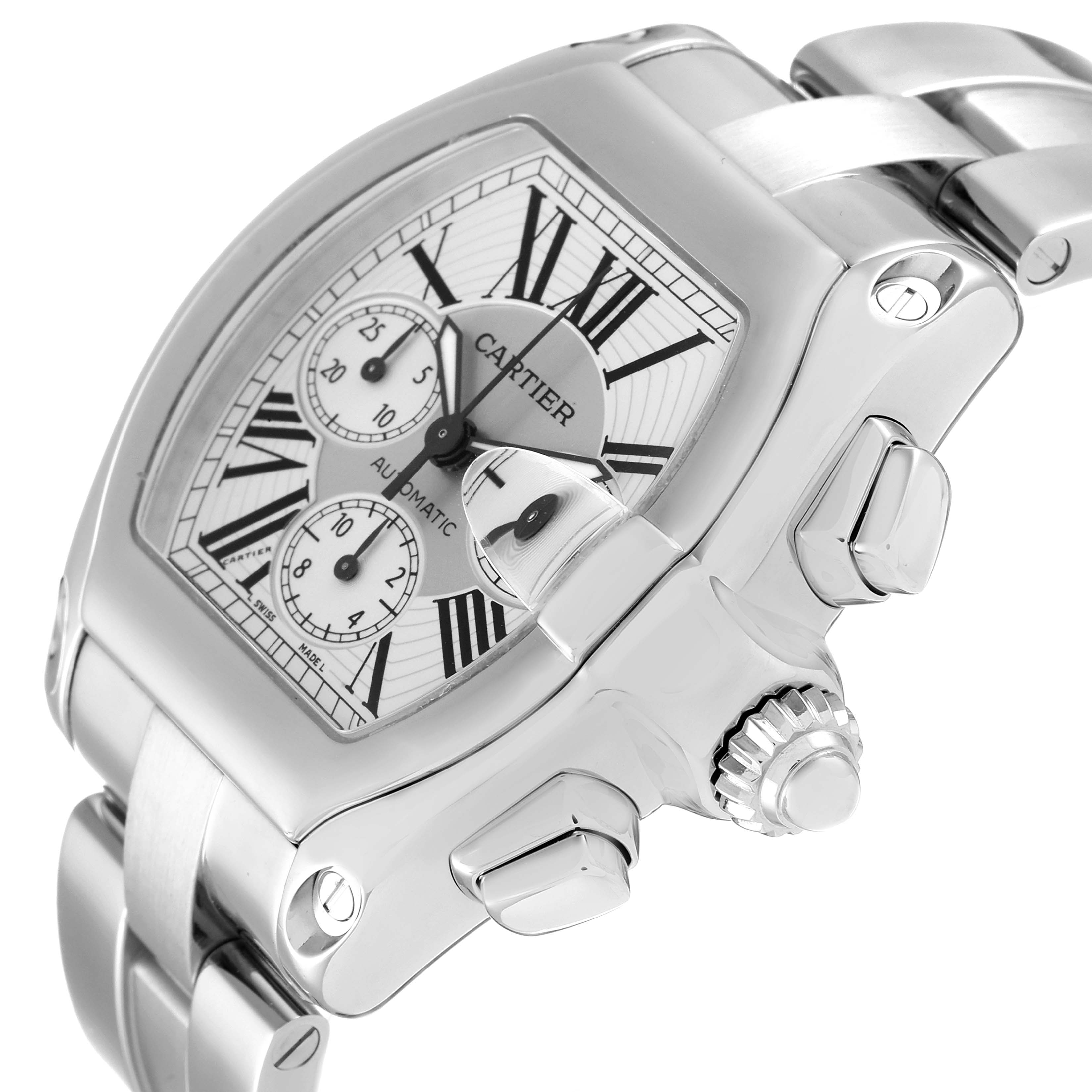 The image shows a Cartier Roadster W62019X6 Men
s Stainless Steel Silver Dial W62019X6 Men
s Stainless Steel Silver Dial watch at an angled view, highlighting its dial, crown, and stainless steel bracelet.