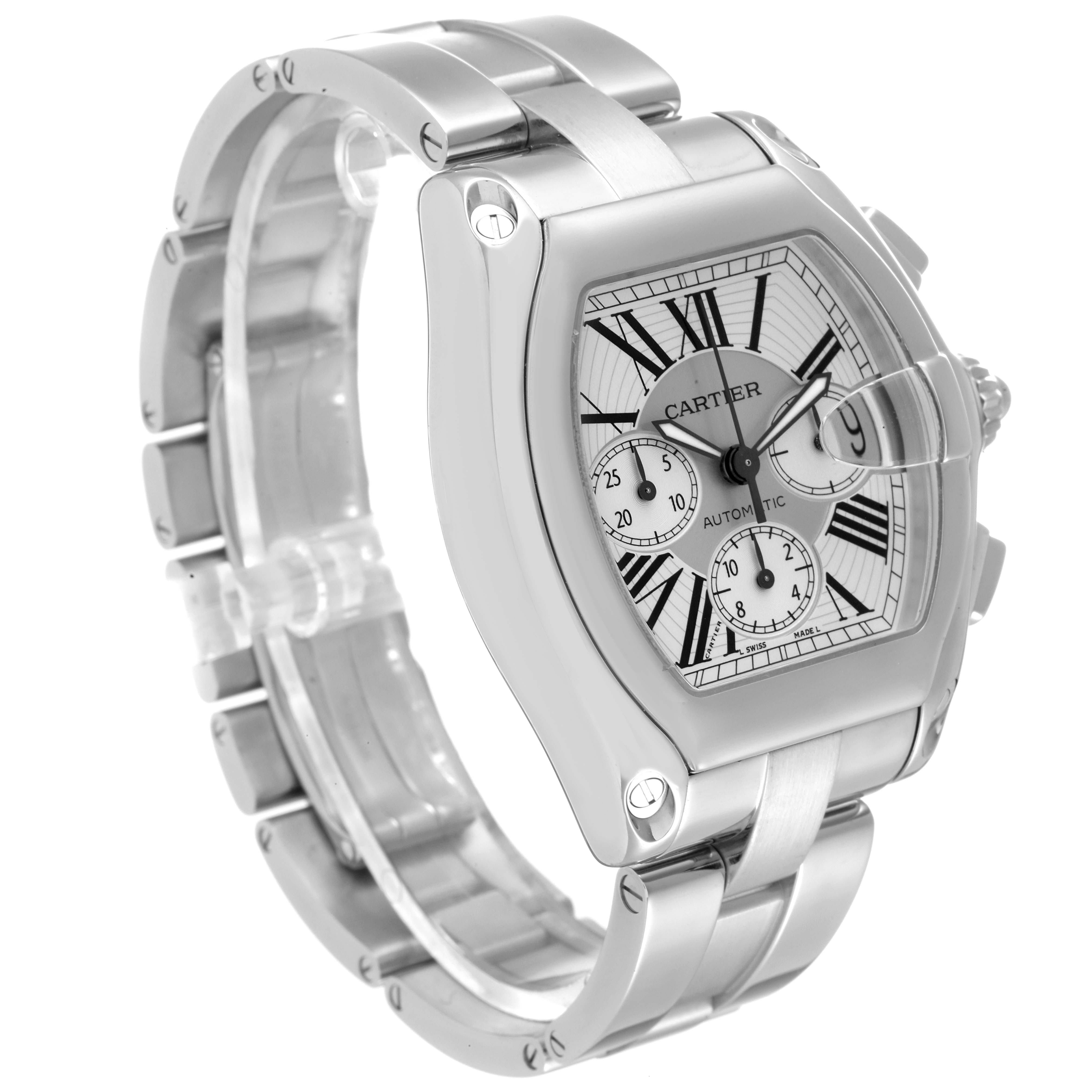 The Cartier Roadster W62019X6 Men
s Stainless Steel Silver Dial W62019X6 Men
s Stainless Steel Silver Dial watch is shown at an angle highlighting its face, bracelet, crown, and side details.