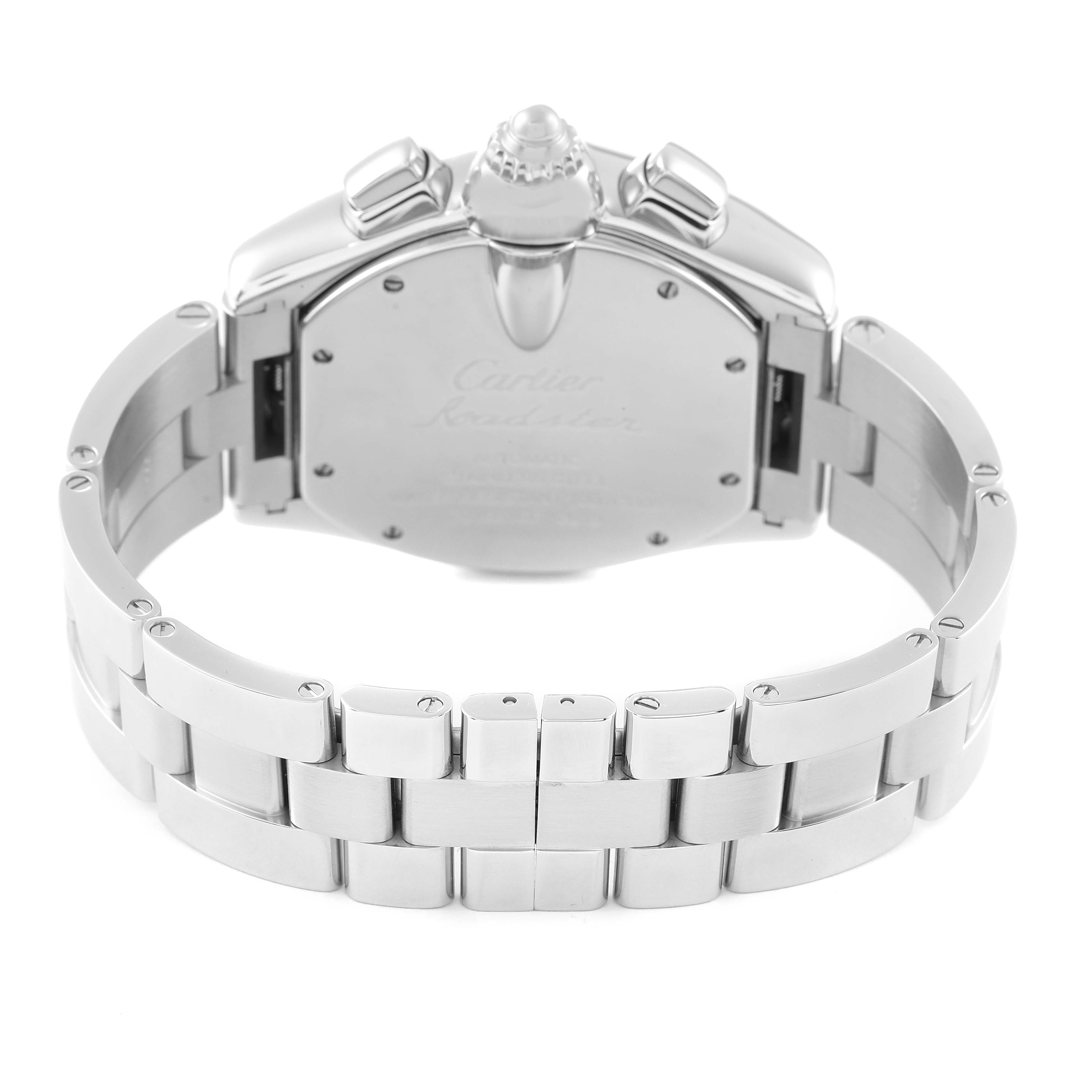 This image shows the back case and bracelet of the Cartier Roadster W62019X6 Men
s Stainless Steel Silver Dial W62019X6 Men
s Stainless Steel Silver Dial watch from a rear angle.