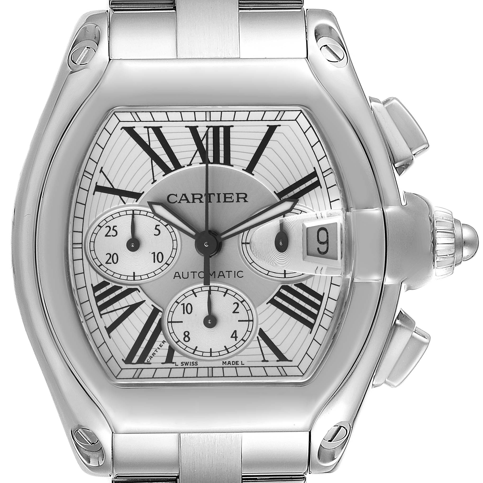 This image shows a front view of the Cartier Roadster W62019X6 Men
s Stainless Steel Silver Dial W62019X6 Men
s Stainless Steel Silver Dial model watch, highlighting its dial, bezel, and strap.