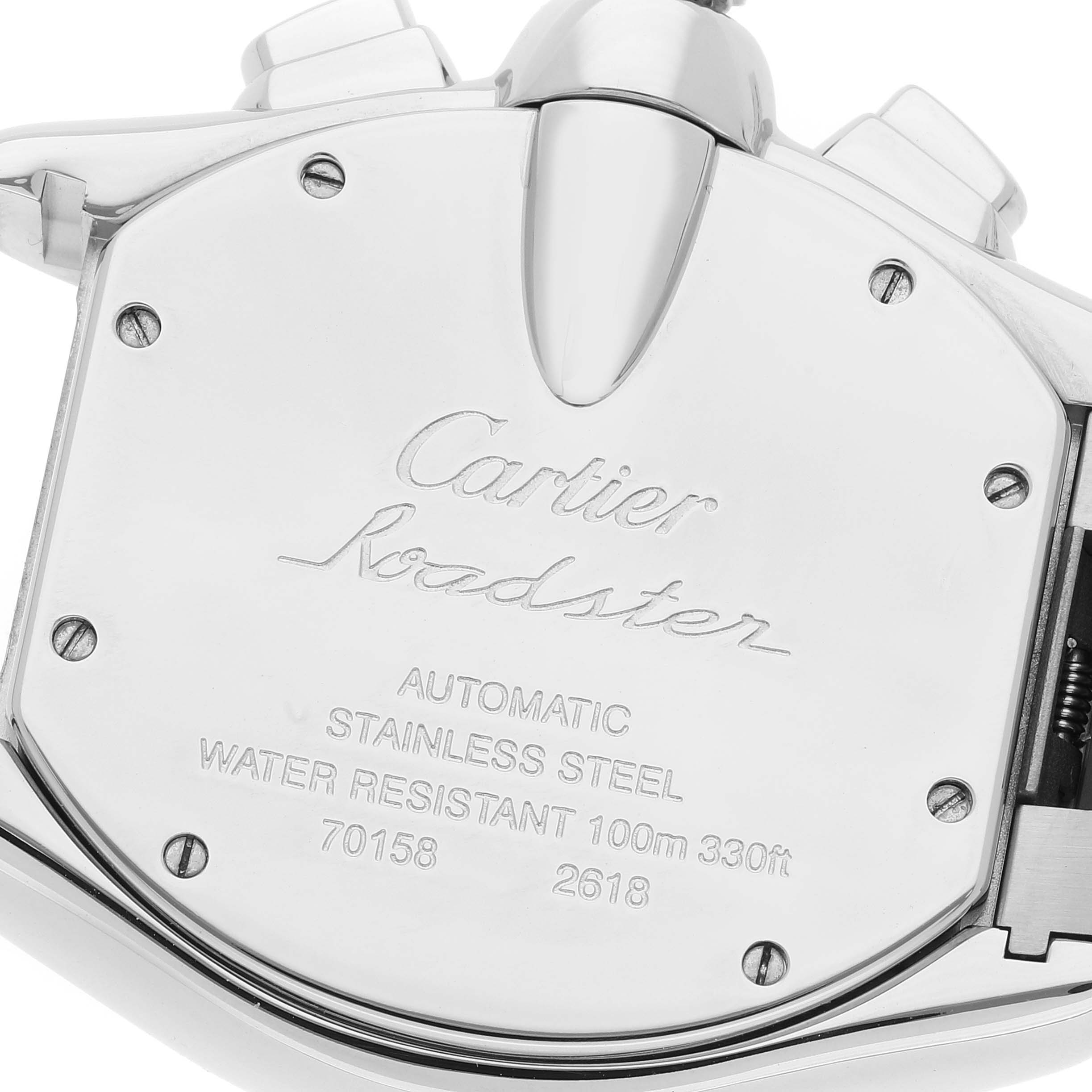 The image shows the back case of the Cartier Roadster W62019X6 Men
s Stainless Steel Silver Dial W62019X6 Men
s Stainless Steel Silver Dial watch, highlighting model details and water resistance information.