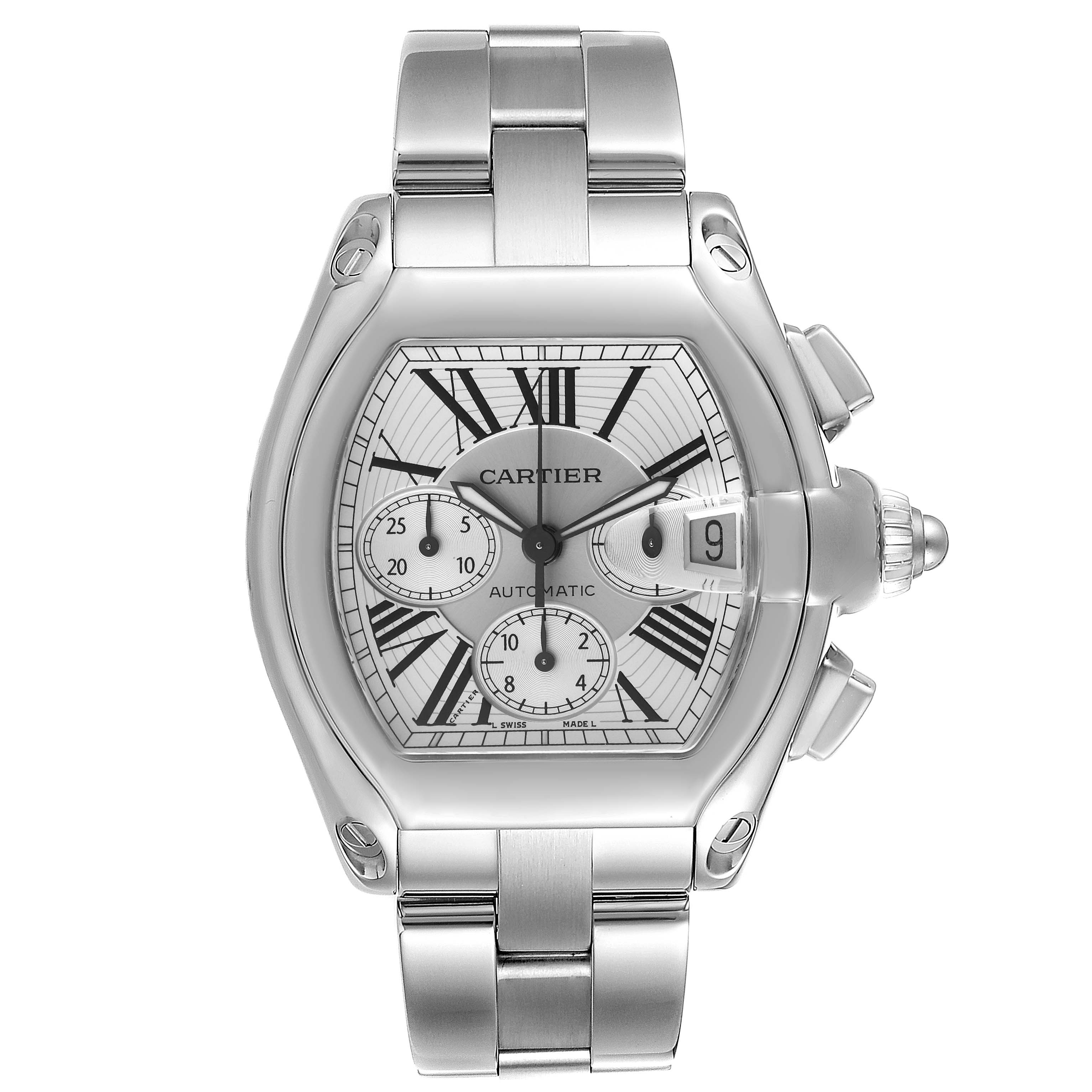 The image shows a front view of a Cartier Roadster W62019X6 Men
s Stainless Steel Silver Dial W62019X6 Men
s Stainless Steel Silver Dial watch, highlighting its dial, case, and bracelet.