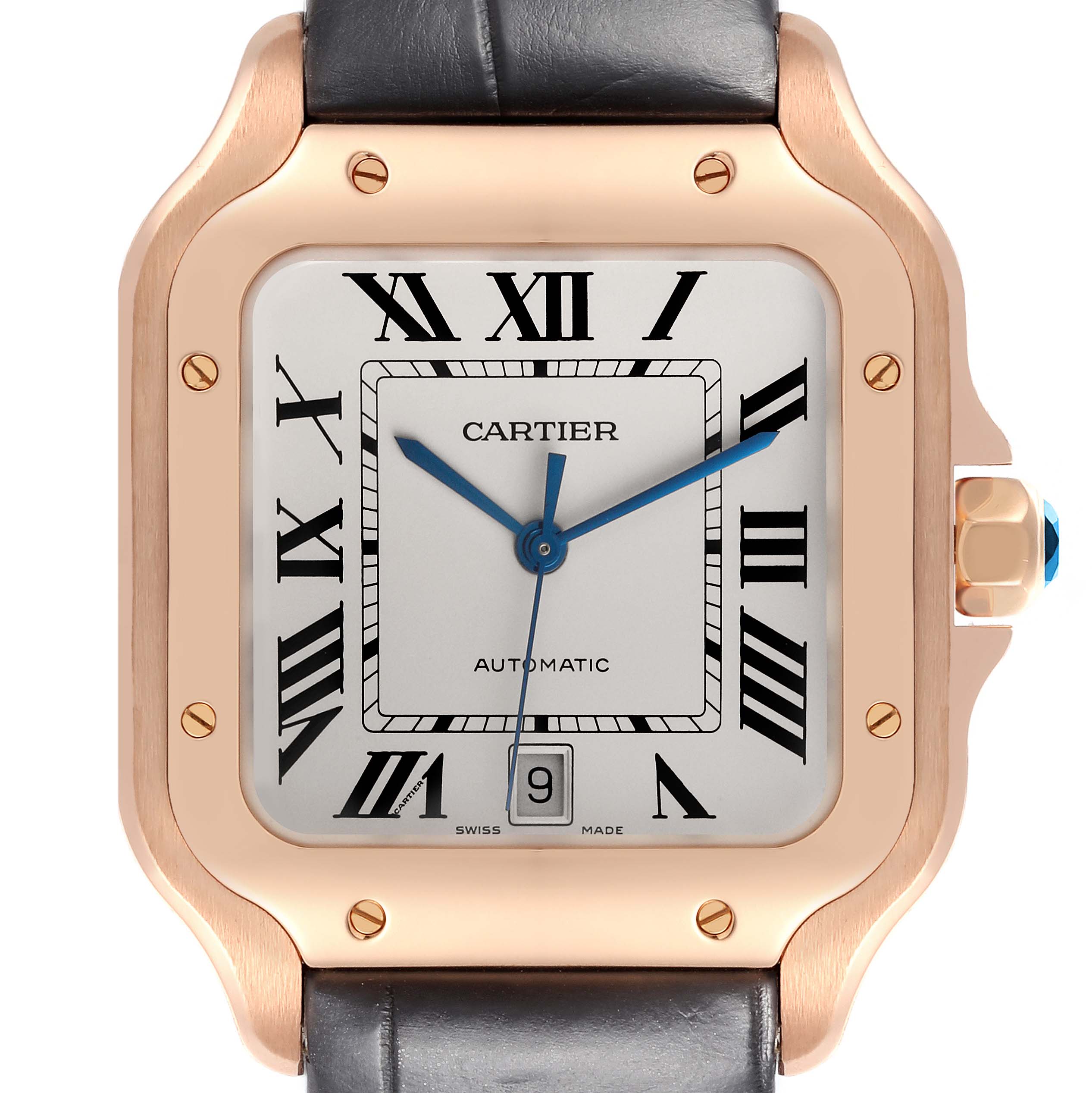 The Cartier Santos WGSA0011 Men's Rose Gold Silver Dial WGSA0011 Men's Rose Gold Silver Dial watch is shown from the front, highlighting the dial, bezel, and crown.