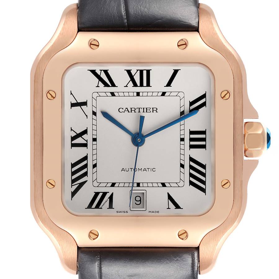 Cartier Santos 100 XL Rose Gold Silver Dial Mens Watch WGSA0011 Box Card SwissWatchExpo