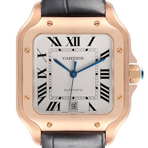 The Cartier Santos watch is shown from the front, displaying its face, bezel, crown, and part of the strap.