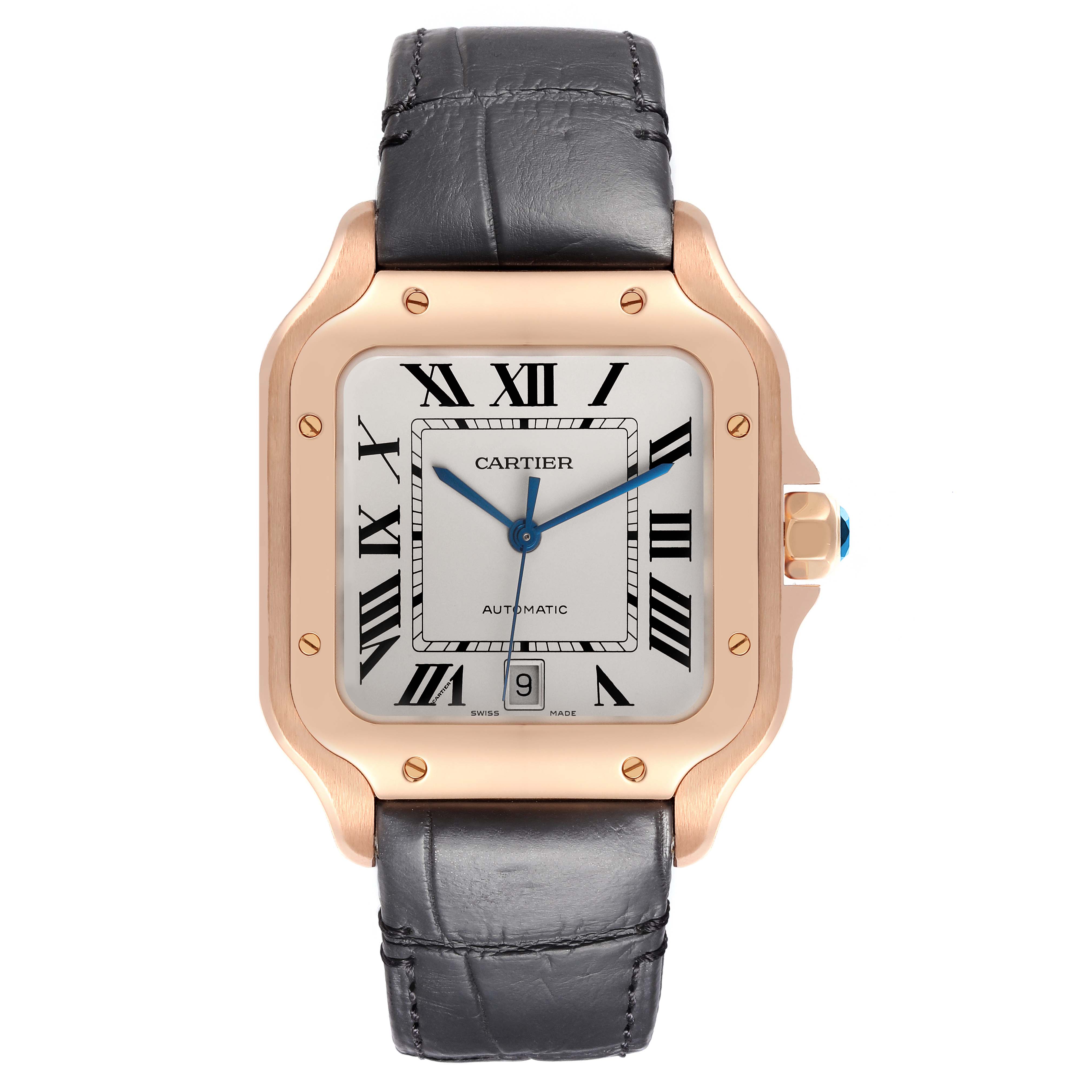 The Cartier Santos WGSA0011 Men's Rose Gold Silver Dial WGSA0011 Men's Rose Gold Silver Dial watch is shown from the front, displaying the face, strap, case, and crown.