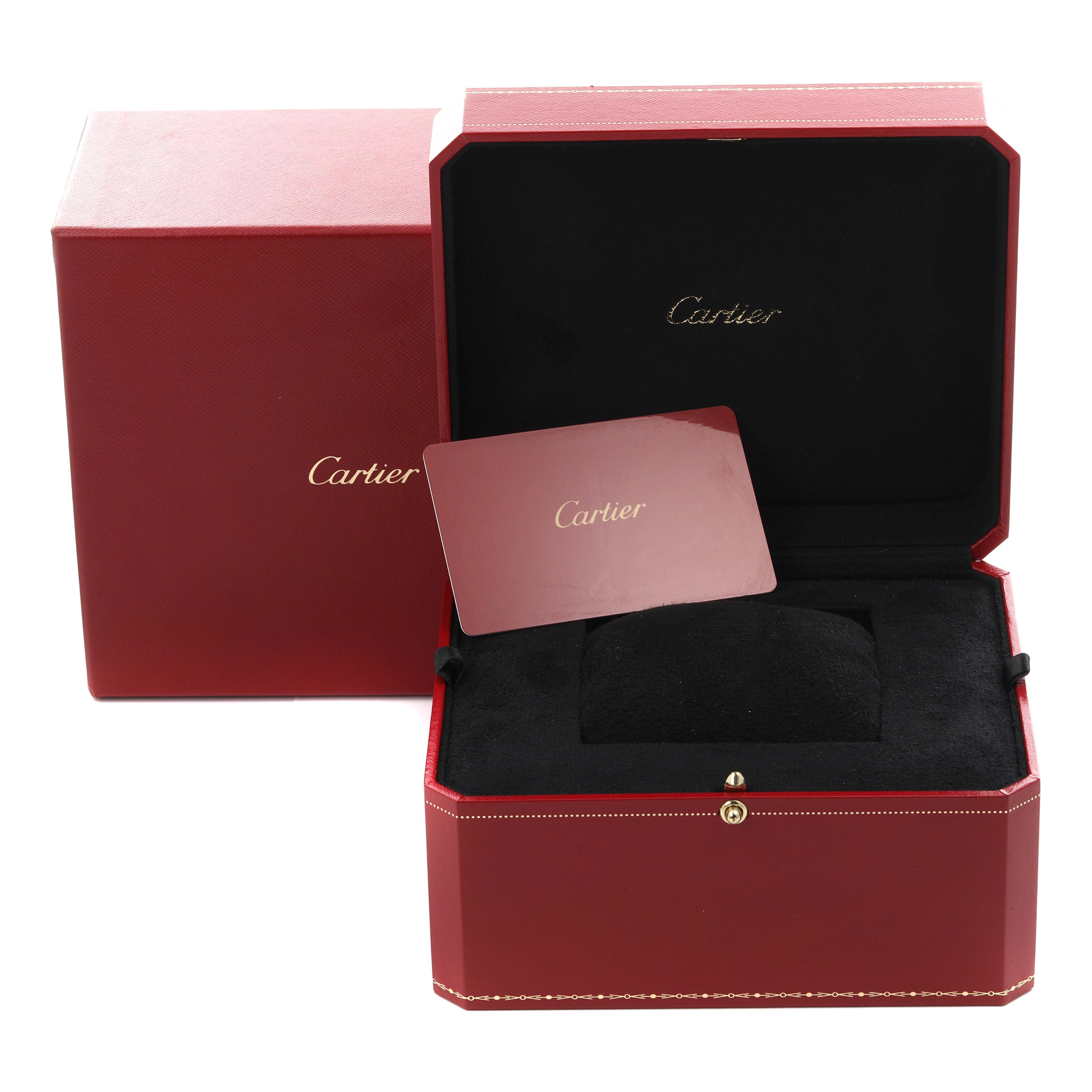 The image shows the Cartier Santos WGSA0011 Men's Rose Gold Silver Dial WGSA0011 Men's Rose Gold Silver Dial watch box and a red Cartier authentication card.