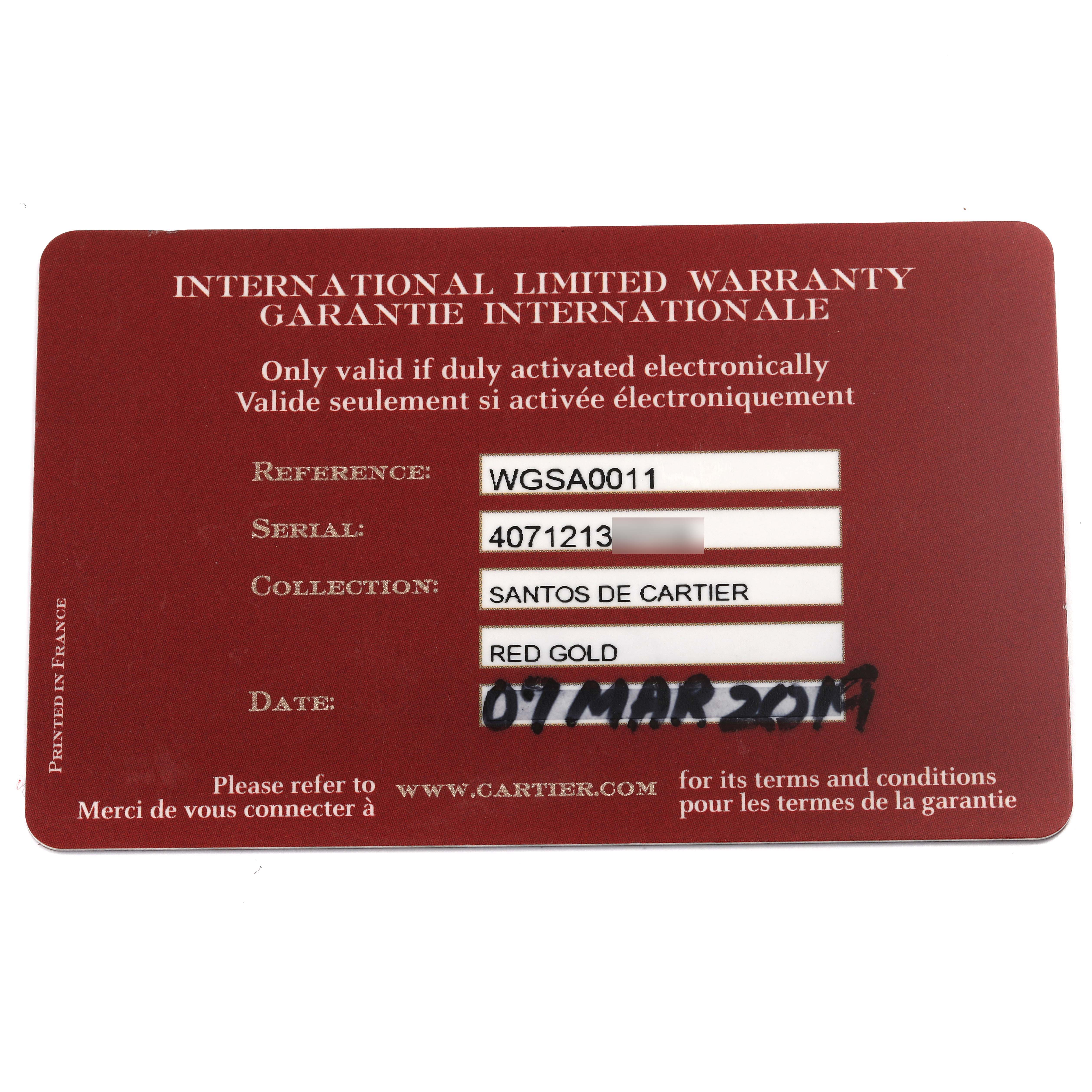 This image shows an International Limited Warranty card for the Santos de Cartier model in red gold.