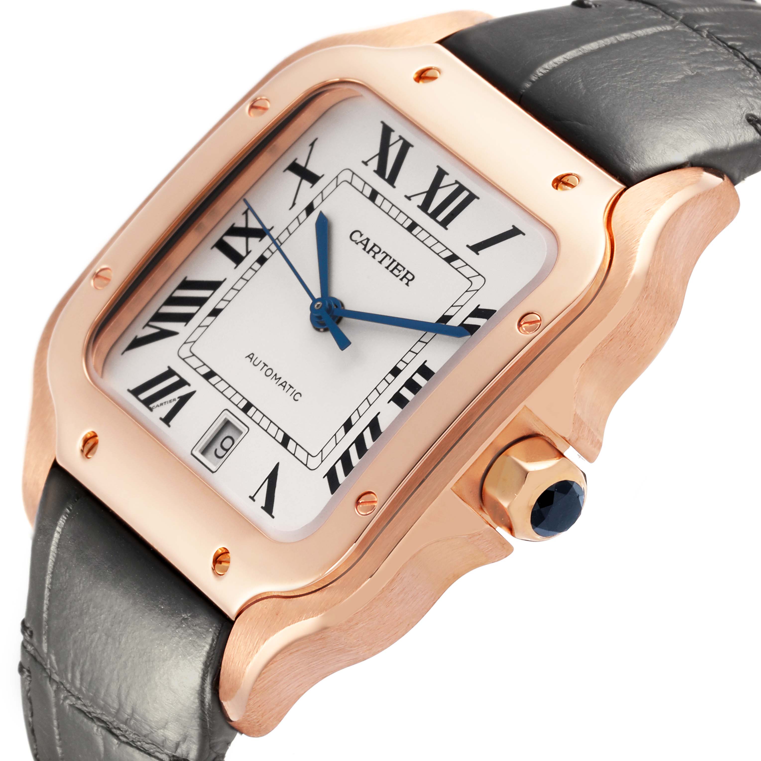 The Cartier Santos WGSA0011 Men's Rose Gold Silver Dial WGSA0011 Men's Rose Gold Silver Dial watch is shown at an oblique angle, highlighting the dial, case, crown, and strap.