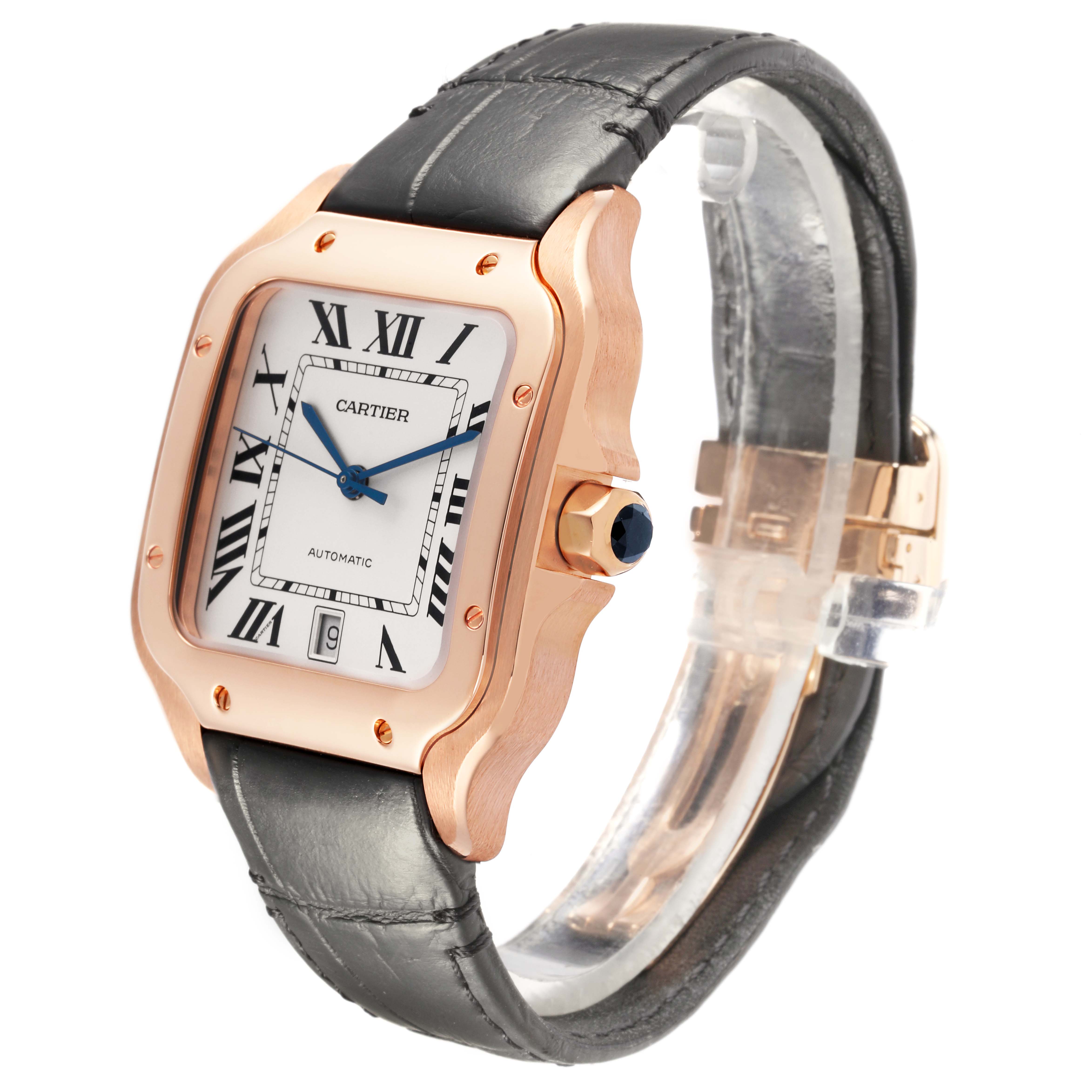 The Cartier Santos WGSA0011 Men's Rose Gold Silver Dial WGSA0011 Men's Rose Gold Silver Dial watch is shown from a three-quarter angle, highlighting the case, bezel, dial, and leather strap.