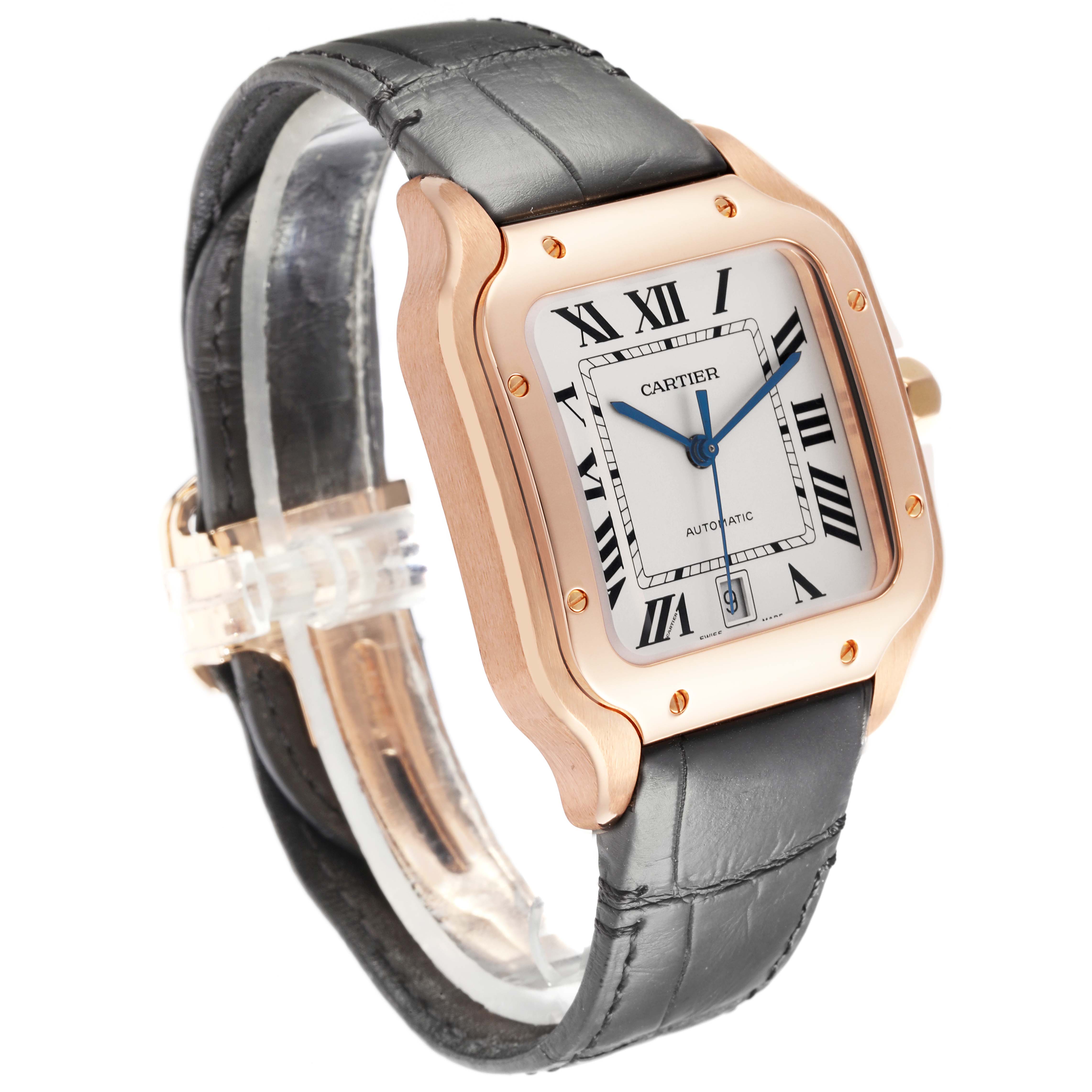 The Cartier Santos WGSA0011 Men's Rose Gold Silver Dial WGSA0011 Men's Rose Gold Silver Dial watch is shown at a three-quarter angle, highlighting its dial, case, and leather strap.