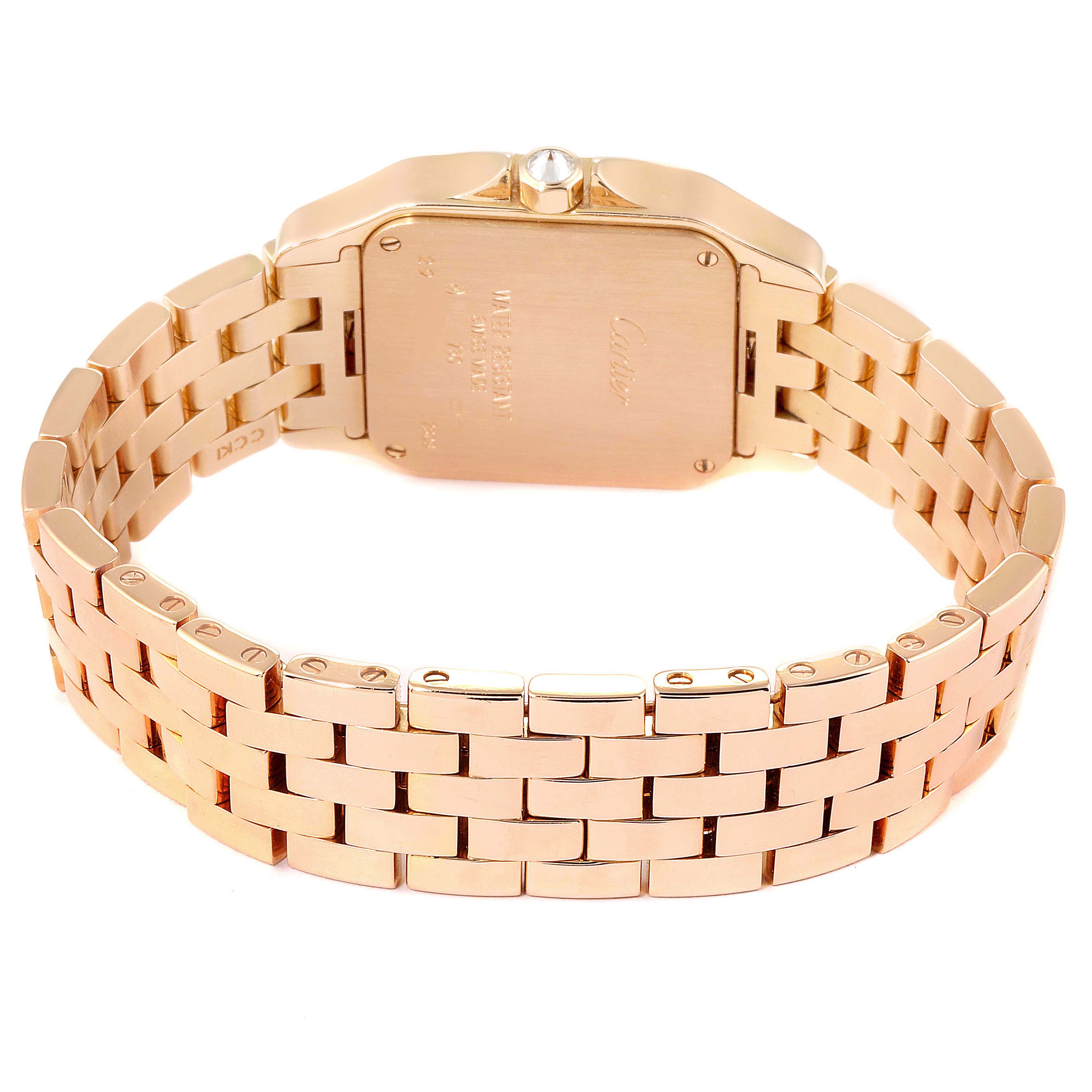 The image shows the back view of the Cartier Santos Demoiselle WF9007Z8 Women's Rose Gold Silver Dial WF9007Z8 Women's Rose Gold Silver Dial watch, highlighting the gold case and bracelet.