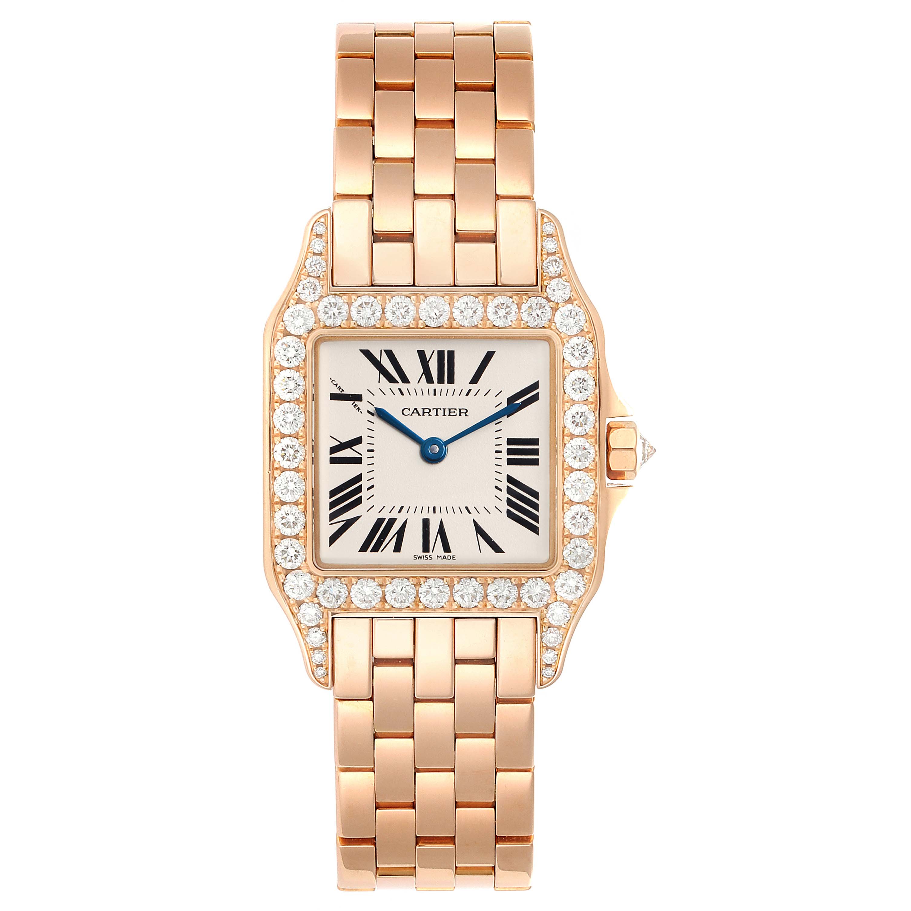The Cartier Santos Demoiselle WF9007Z8 Women's Rose Gold Silver Dial WF9007Z8 Women's Rose Gold Silver Dial watch is shown from a straight-on angle, highlighting its face, bezel, and part of the bracelet.