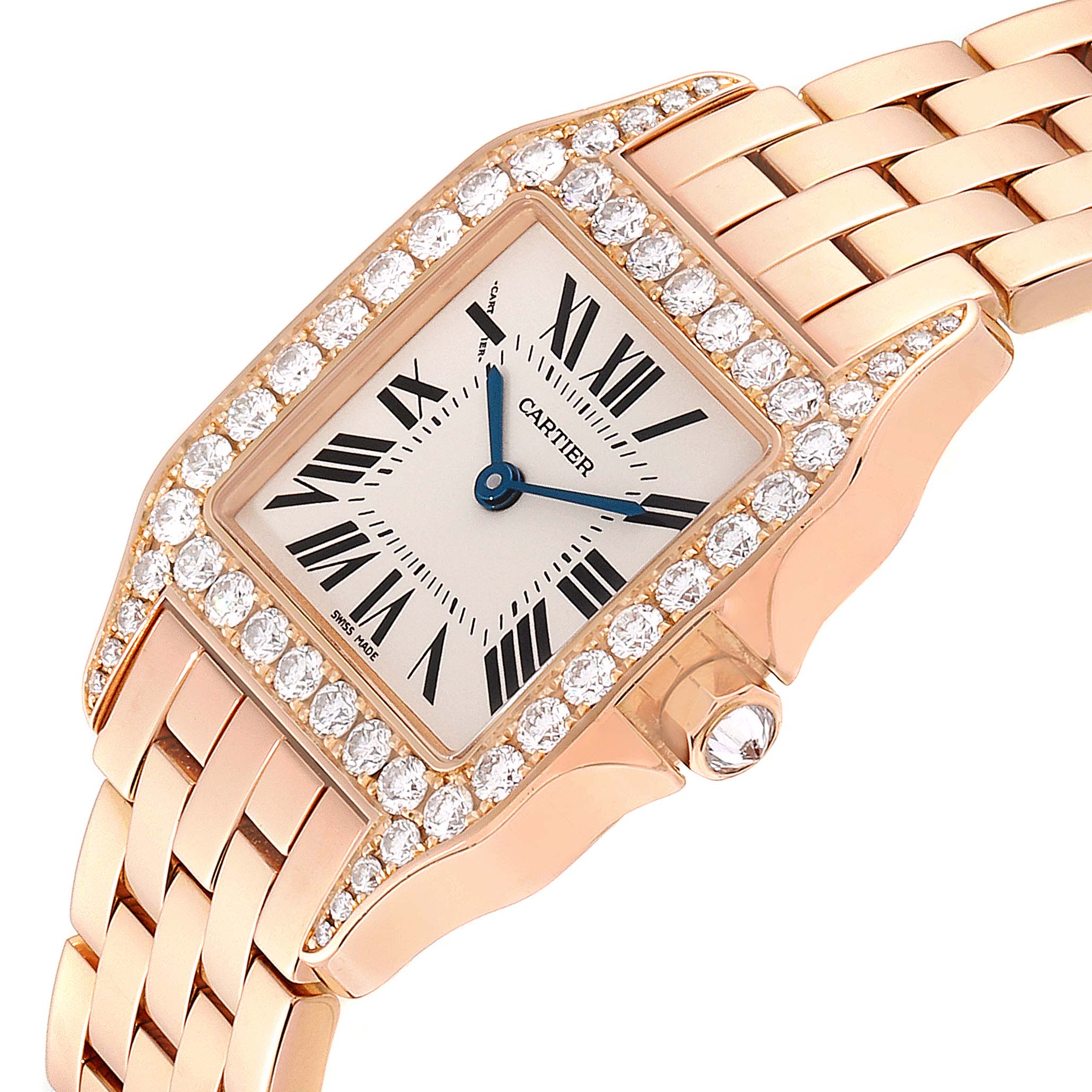 The image shows a close-up of the Cartier Santos Demoiselle WF9007Z8 Women's Rose Gold Silver Dial WF9007Z8 Women's Rose Gold Silver Dial watch displaying its face, diamond-studded bezel, and part of the bracelet.