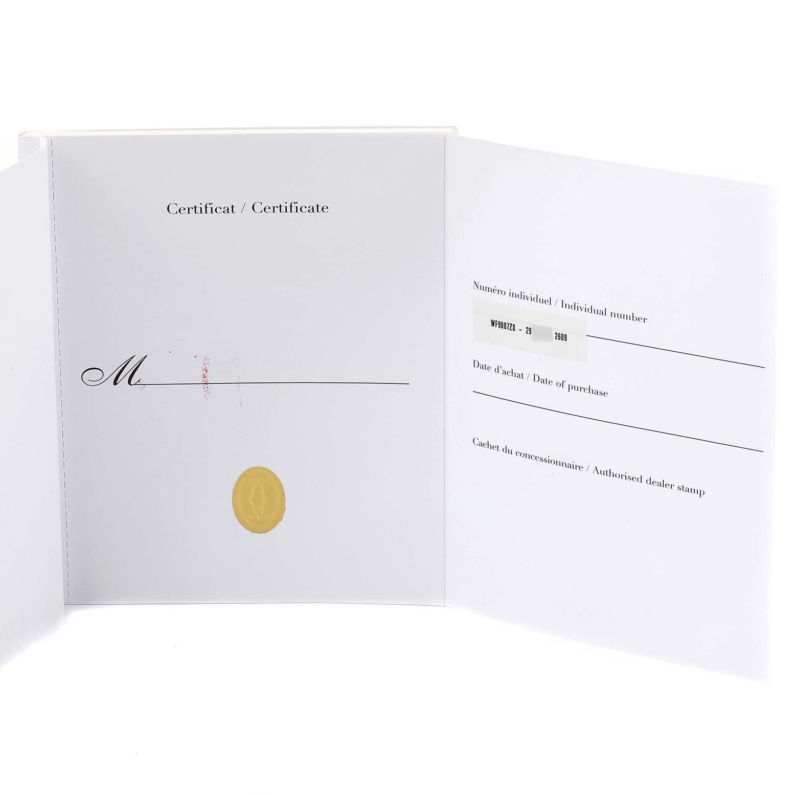 This image shows the open certificate for the Santos Demoiselle model by Cartier, displaying purchase details and an individual number.