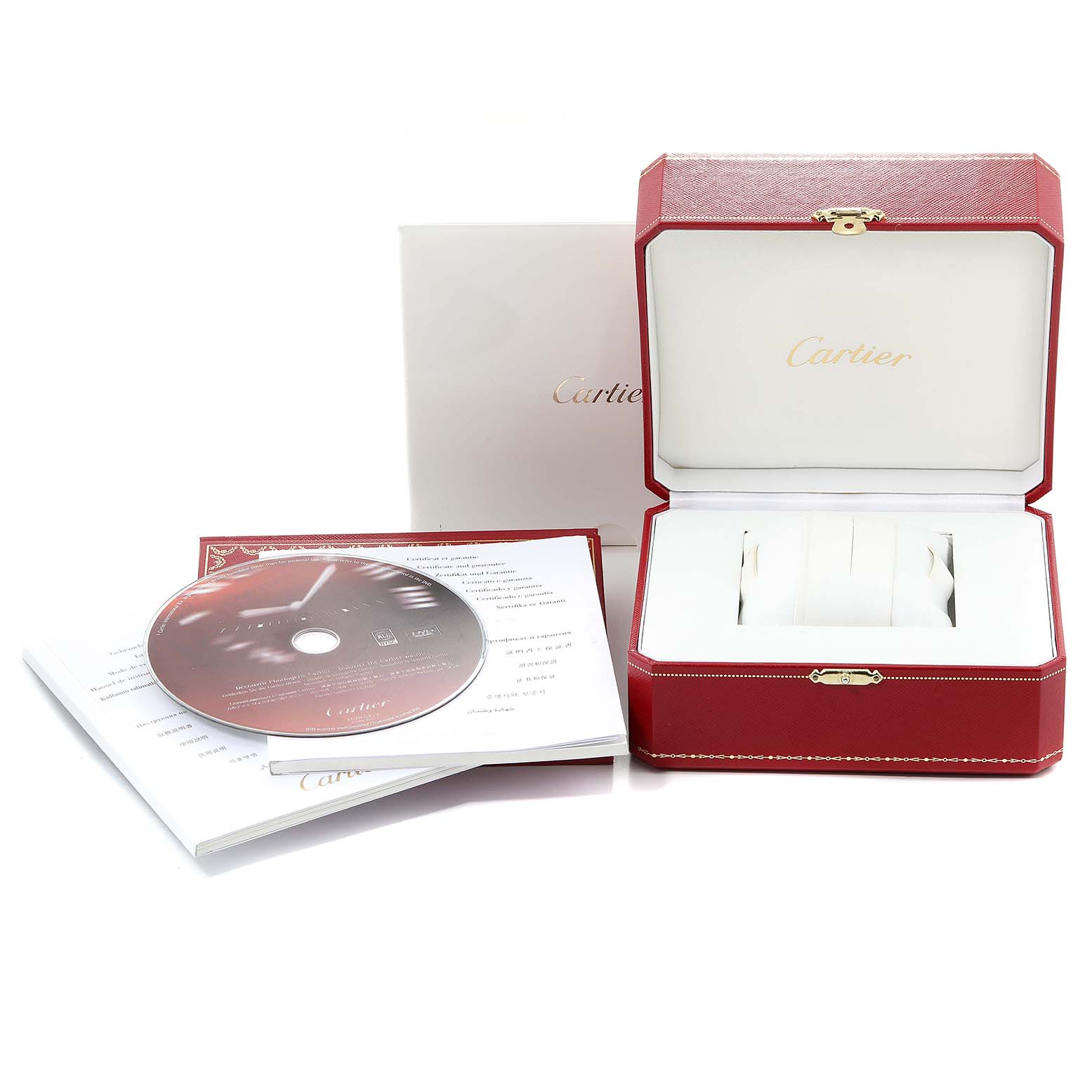 The image shows the packaging and accessories of a Cartier Santos Demoiselle WF9007Z8 Women's Rose Gold Silver Dial WF9007Z8 Women's Rose Gold Silver Dial watch, including a red box, white papers, and a CD.