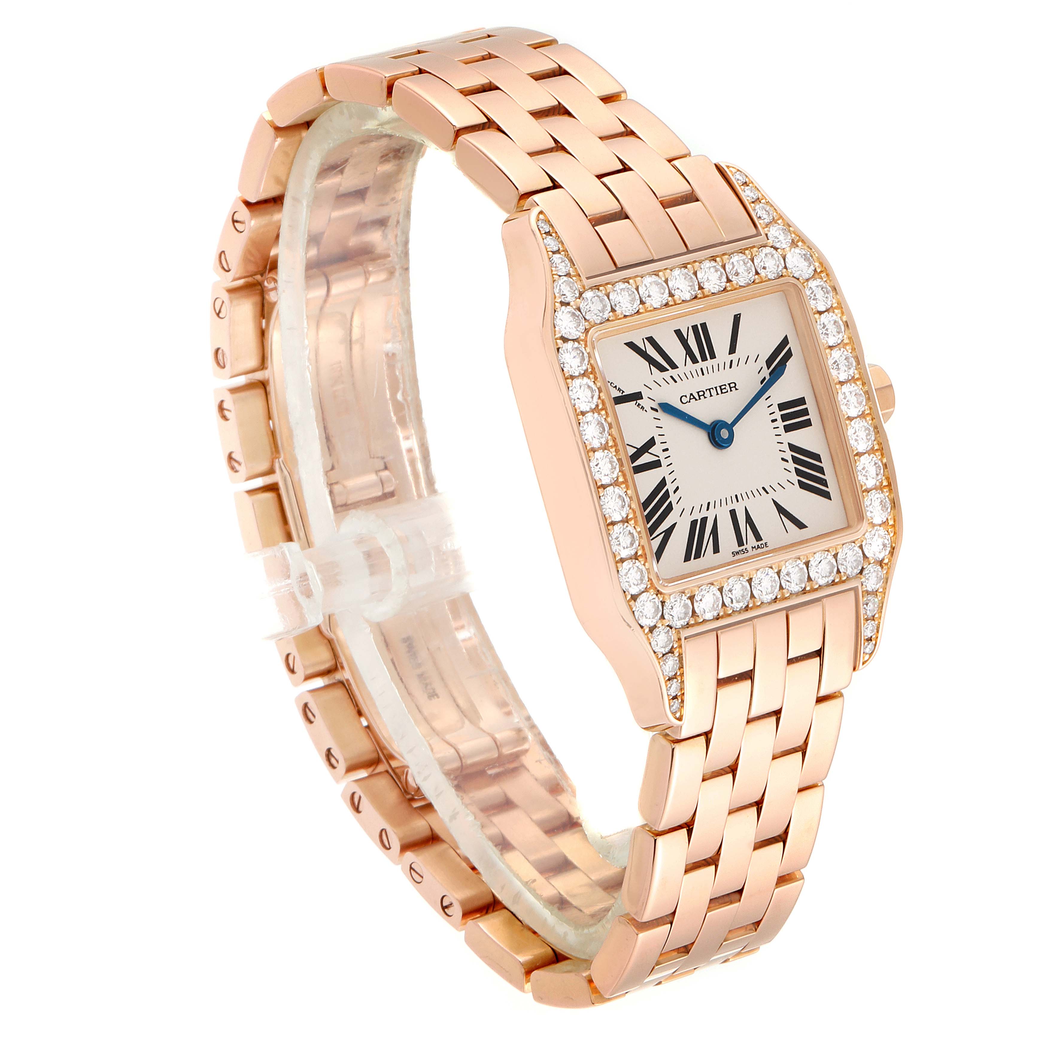 The image shows a Cartier Santos Demoiselle WF9007Z8 Women's Rose Gold Silver Dial WF9007Z8 Women's Rose Gold Silver Dial watch angled to display the face, bezel, and linked rose gold bracelet.