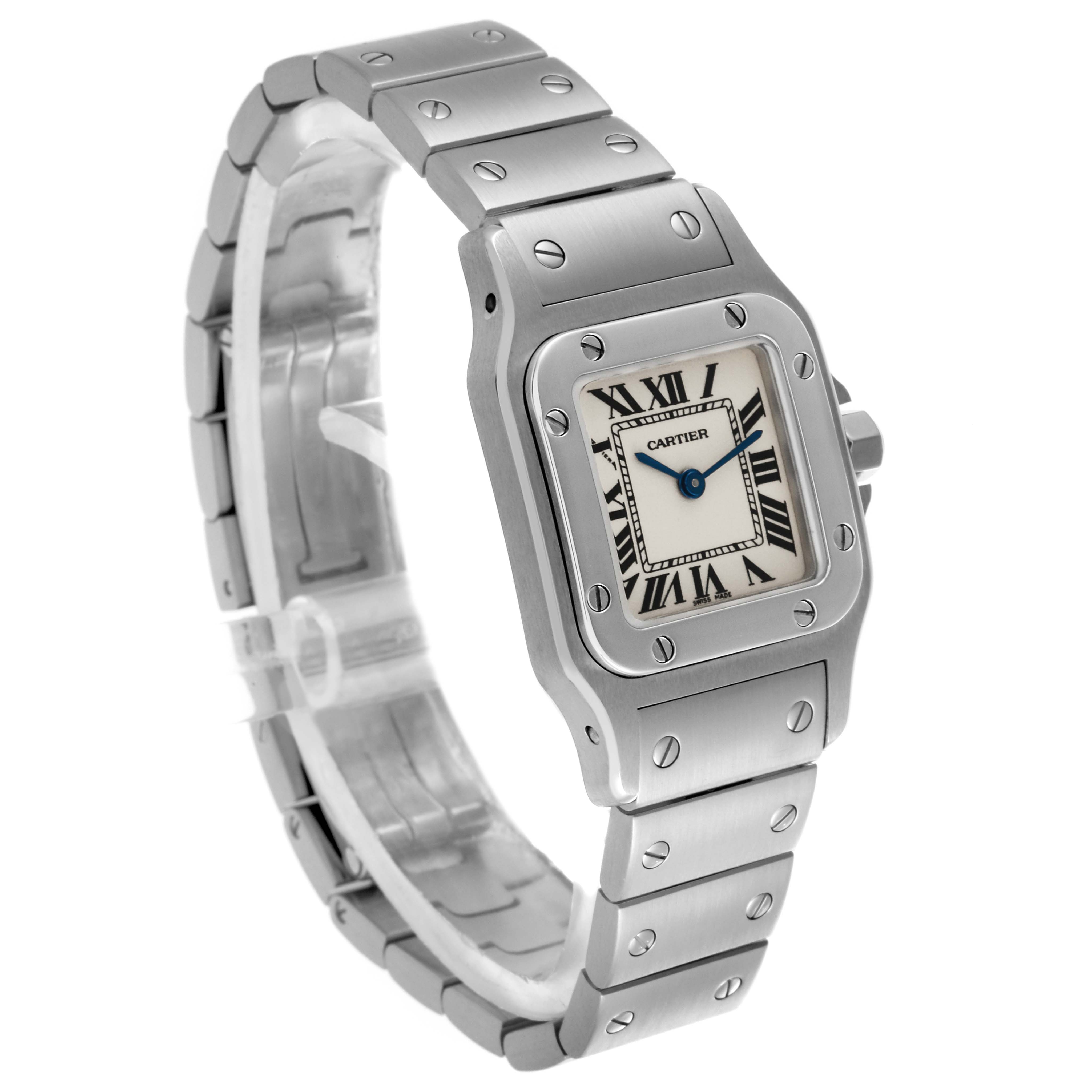 The image shows a Cartier Santos W20056D6 Women's Stainless Steel Silver Dial W20056D6 Women's Stainless Steel Silver Dial watch from a three-quarter angle, highlighting the face, bezel, and metal bracelet.
