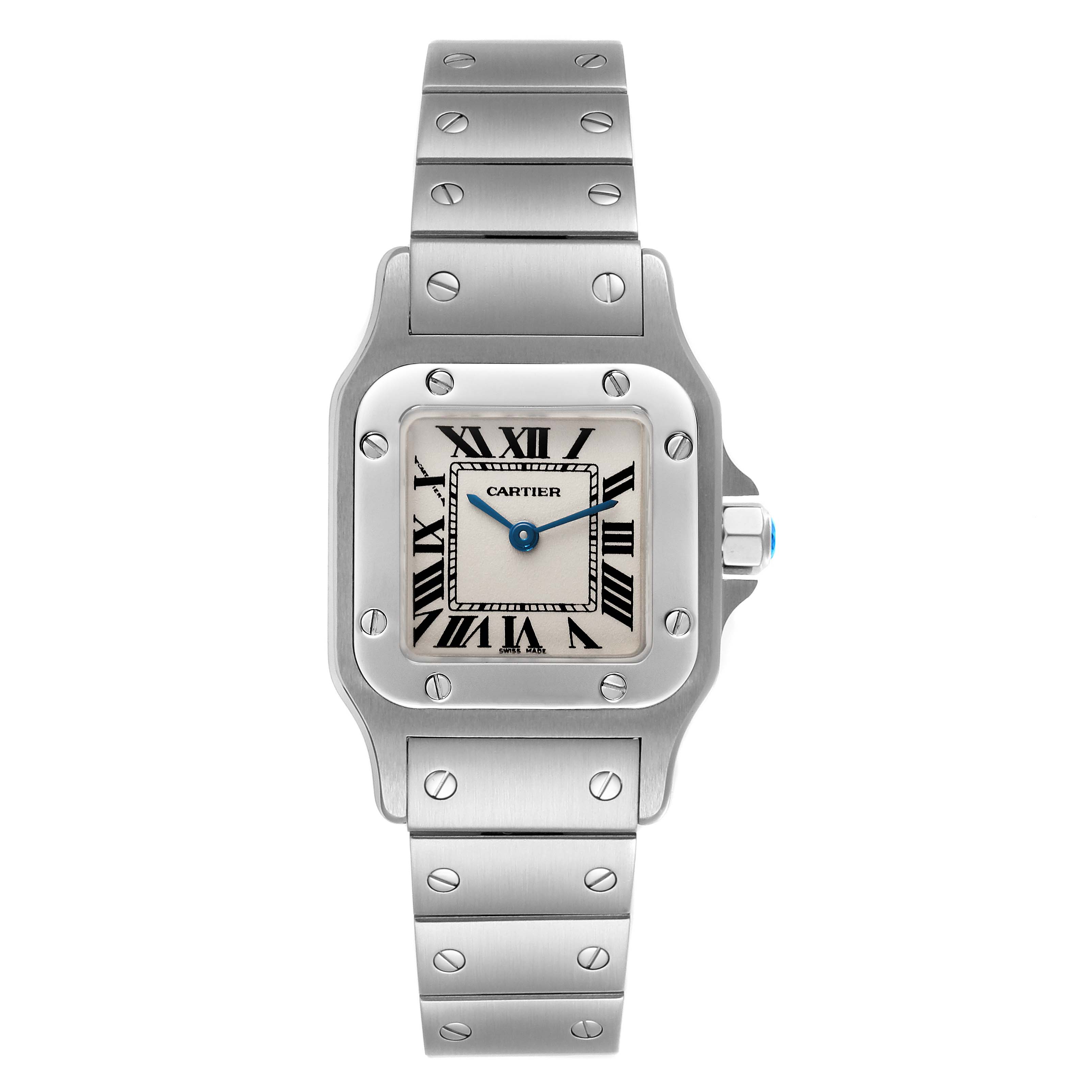 The Cartier Santos W20056D6 Women's Stainless Steel Silver Dial W20056D6 Women's Stainless Steel Silver Dial watch is shown from a frontal angle, highlighting the dial, hands, bezel, and bracelet.