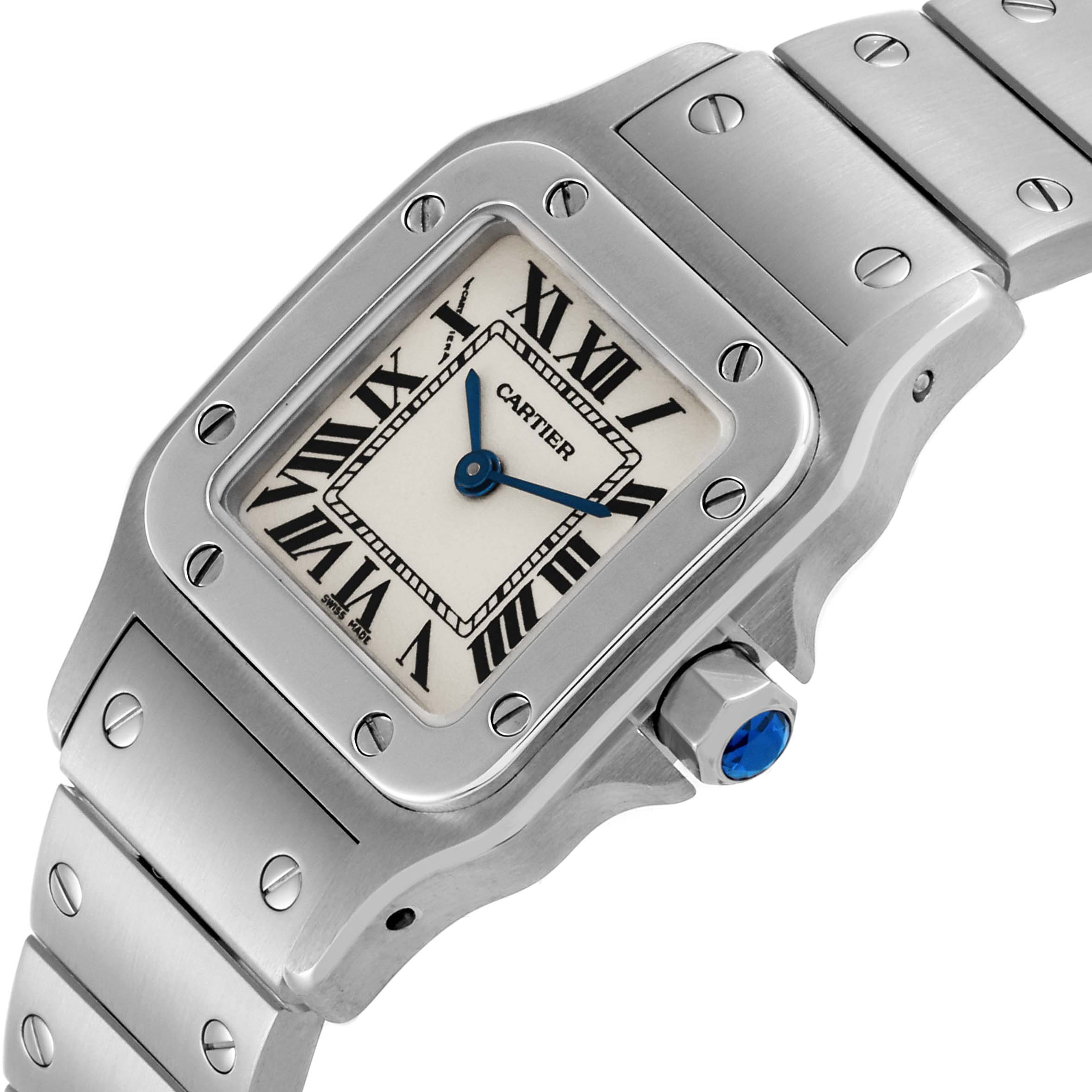 The Cartier Santos W20056D6 Women's Stainless Steel Silver Dial W20056D6 Women's Stainless Steel Silver Dial watch is shown from a close-up angle, highlighting the face, bezel, and bracelet.