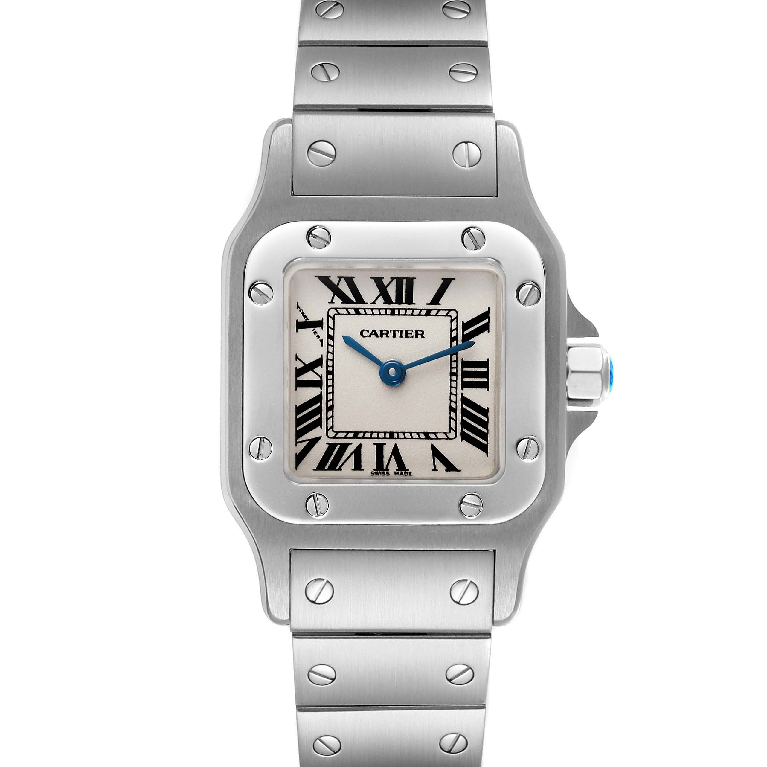 The Cartier Santos W20056D6 Women's Stainless Steel Silver Dial W20056D6 Women's Stainless Steel Silver Dial watch is shown from a top-down angle displaying the face, bezel, and bracelet with visible screws.