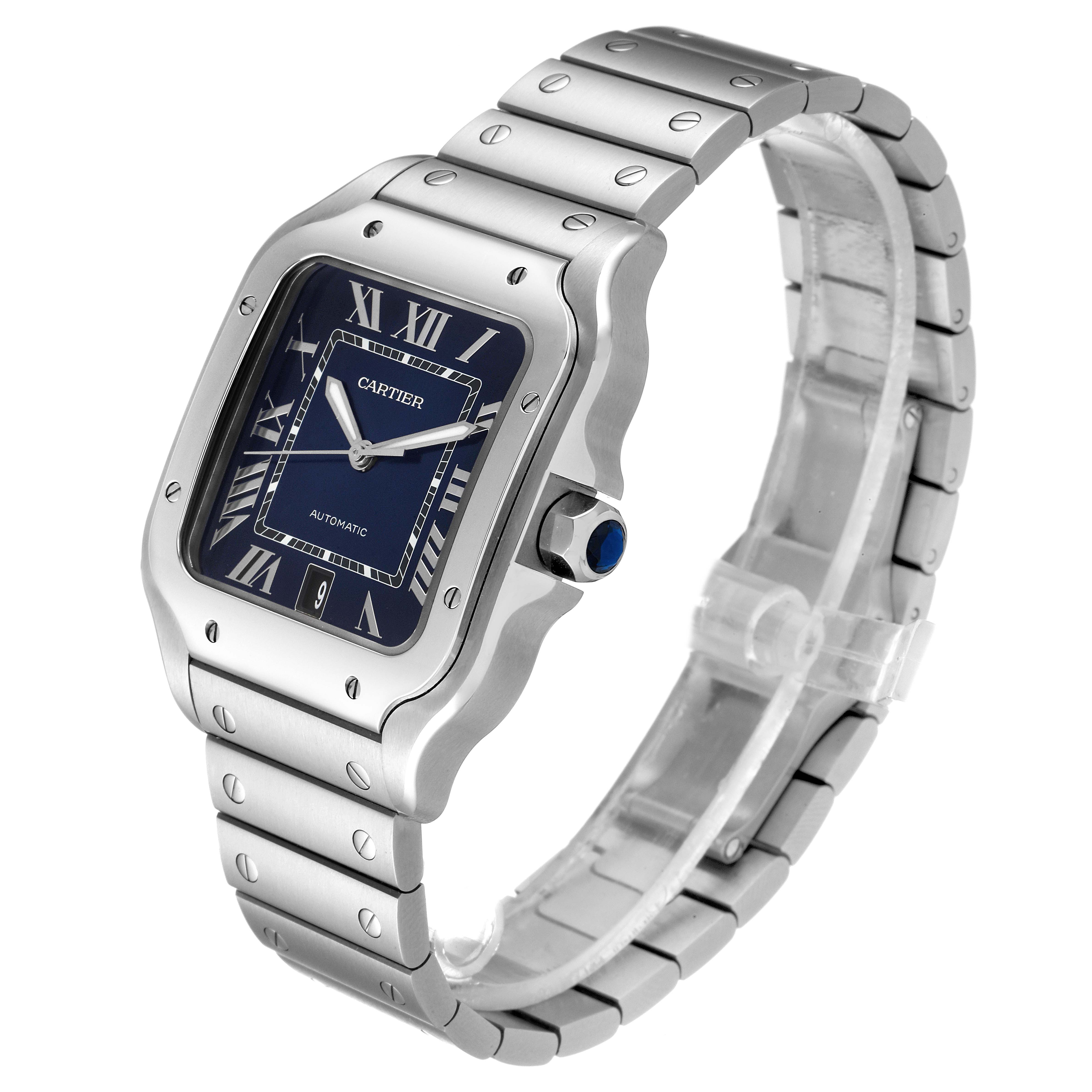 This image shows a side and angled view of a Cartier Santos WSSA0030 Men's Stainless Steel Blue Dial WSSA0030 Men's Stainless Steel Blue Dial watch, highlighting the face, bezel, crown, and bracelet.