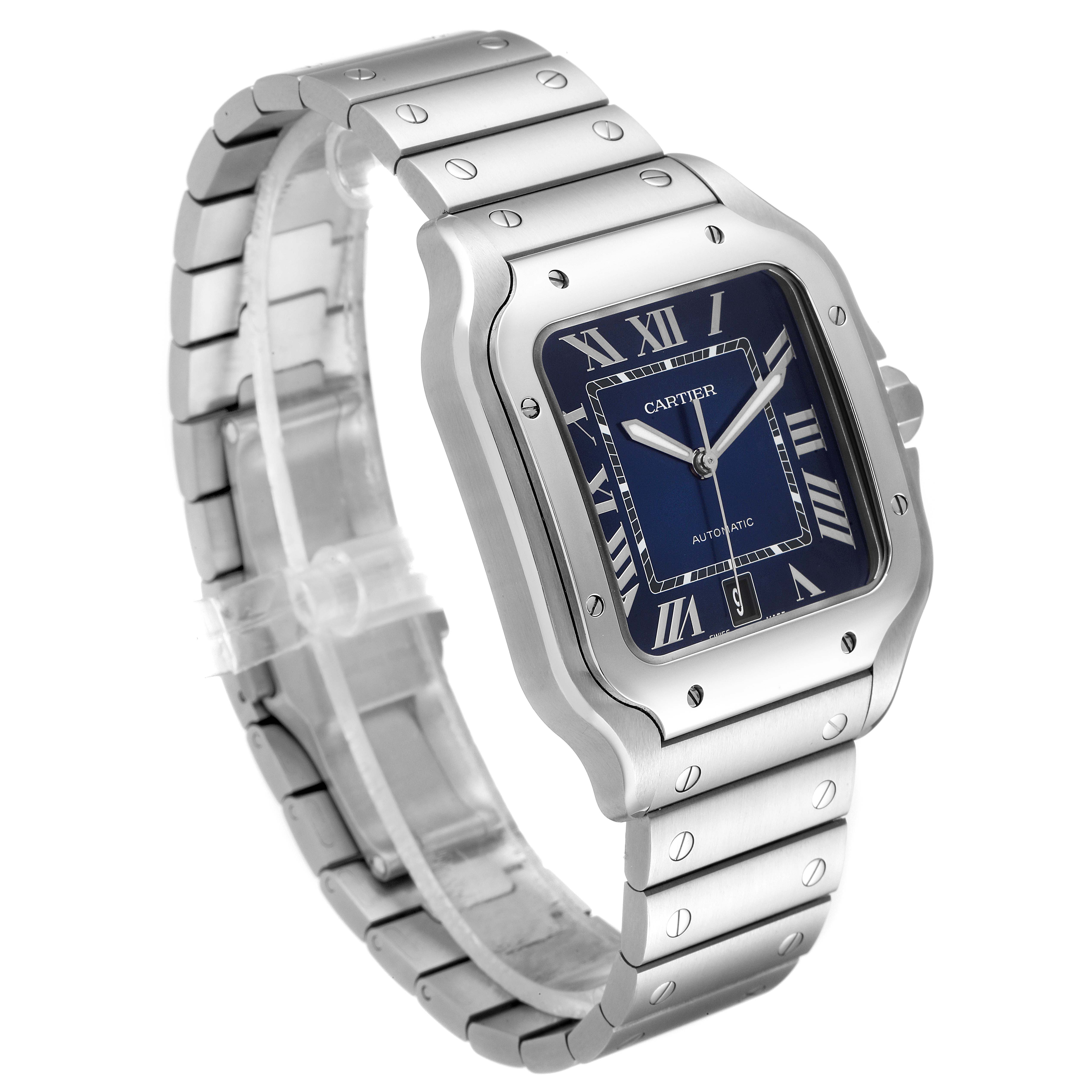 The image shows a Santos de Cartier watch at a three-quarter angle, displaying the face, bezel, bracelet, and part of the clasp.