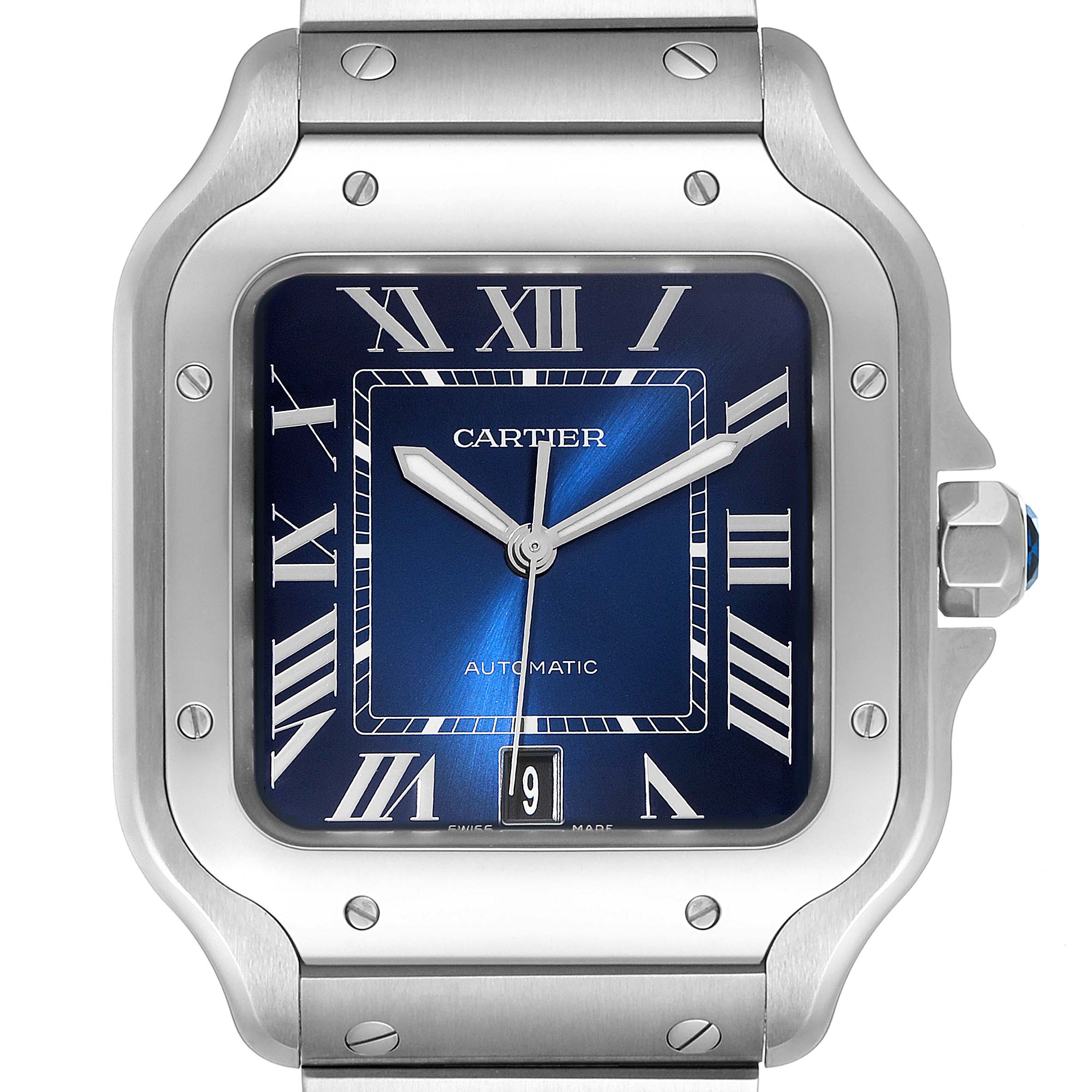 The image shows a close-up, front-facing view of the Cartier Santos WSSA0030 Men's Stainless Steel Blue Dial WSSA0030 Men's Stainless Steel Blue Dial watch, highlighting its dial, hands, bezel, and part of the bracelet.