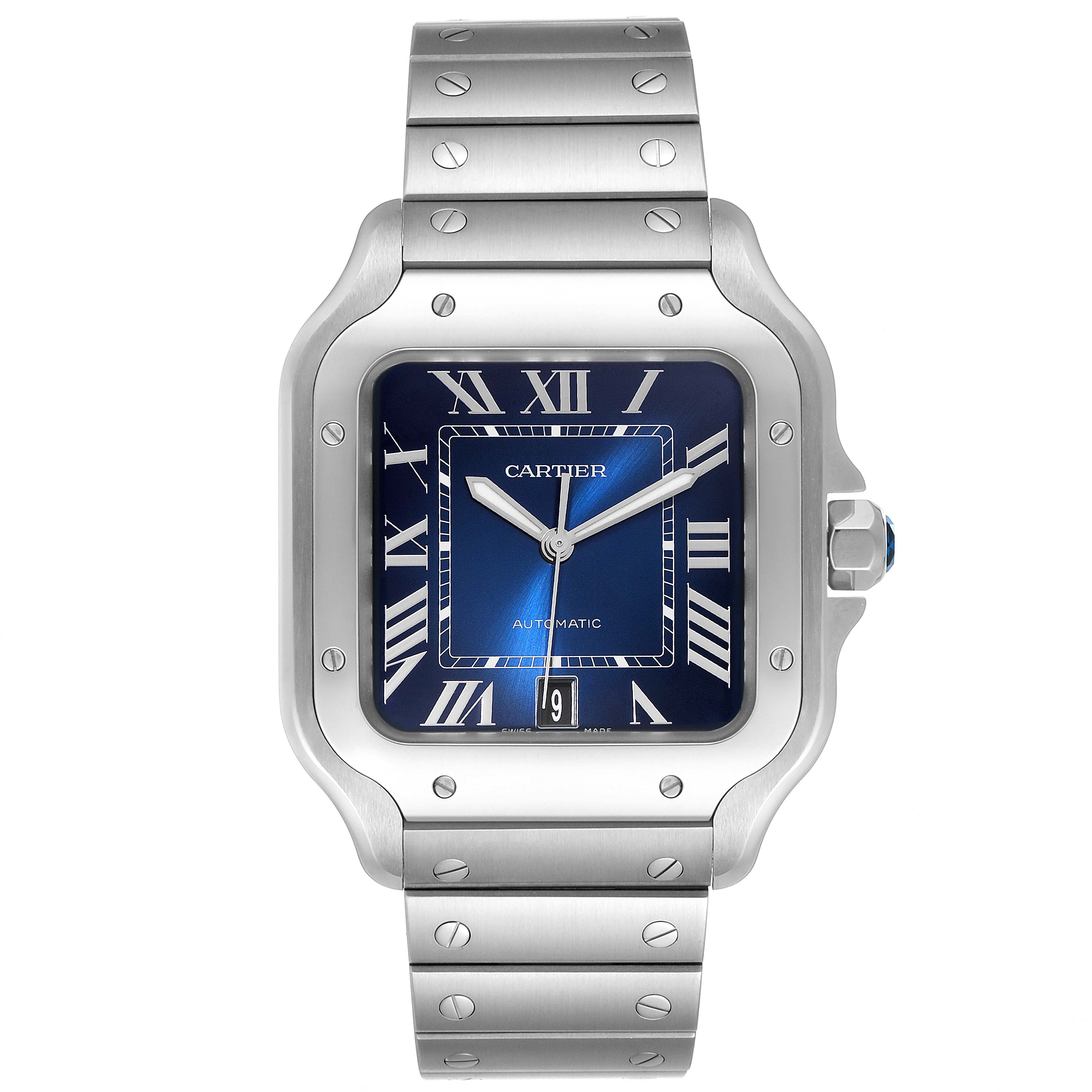 The image shows a front view of the Cartier Santos WSSA0030 Men's Stainless Steel Blue Dial WSSA0030 Men's Stainless Steel Blue Dial watch with a blue dial, Roman numerals, and a stainless steel band.