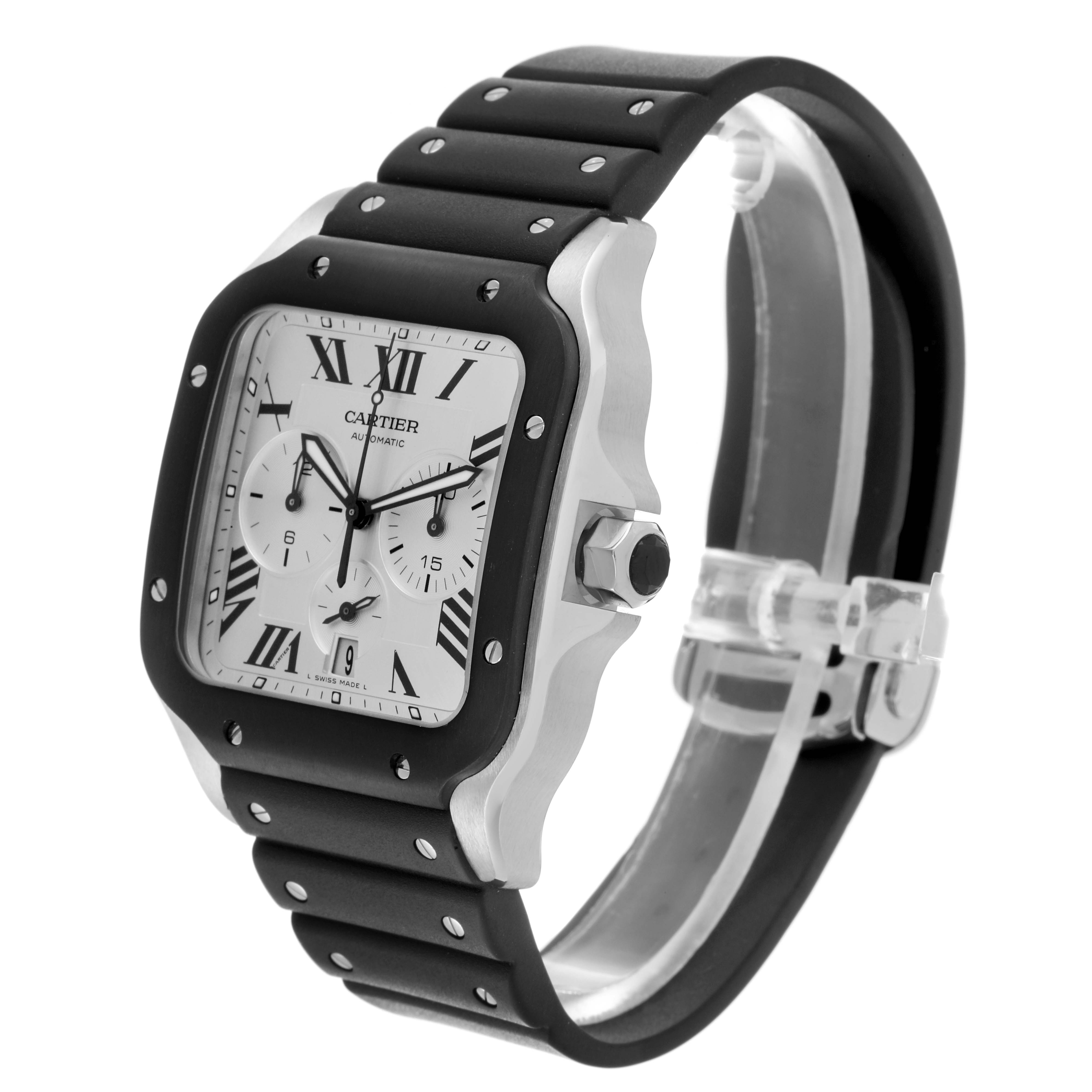 This image shows a Cartier Santos WSSA0017 Men
s Stainless Steel Silver Dial WSSA0017 Men
s Stainless Steel Silver Dial watch at an oblique angle, highlighting the face, bezel, strap, and crown.