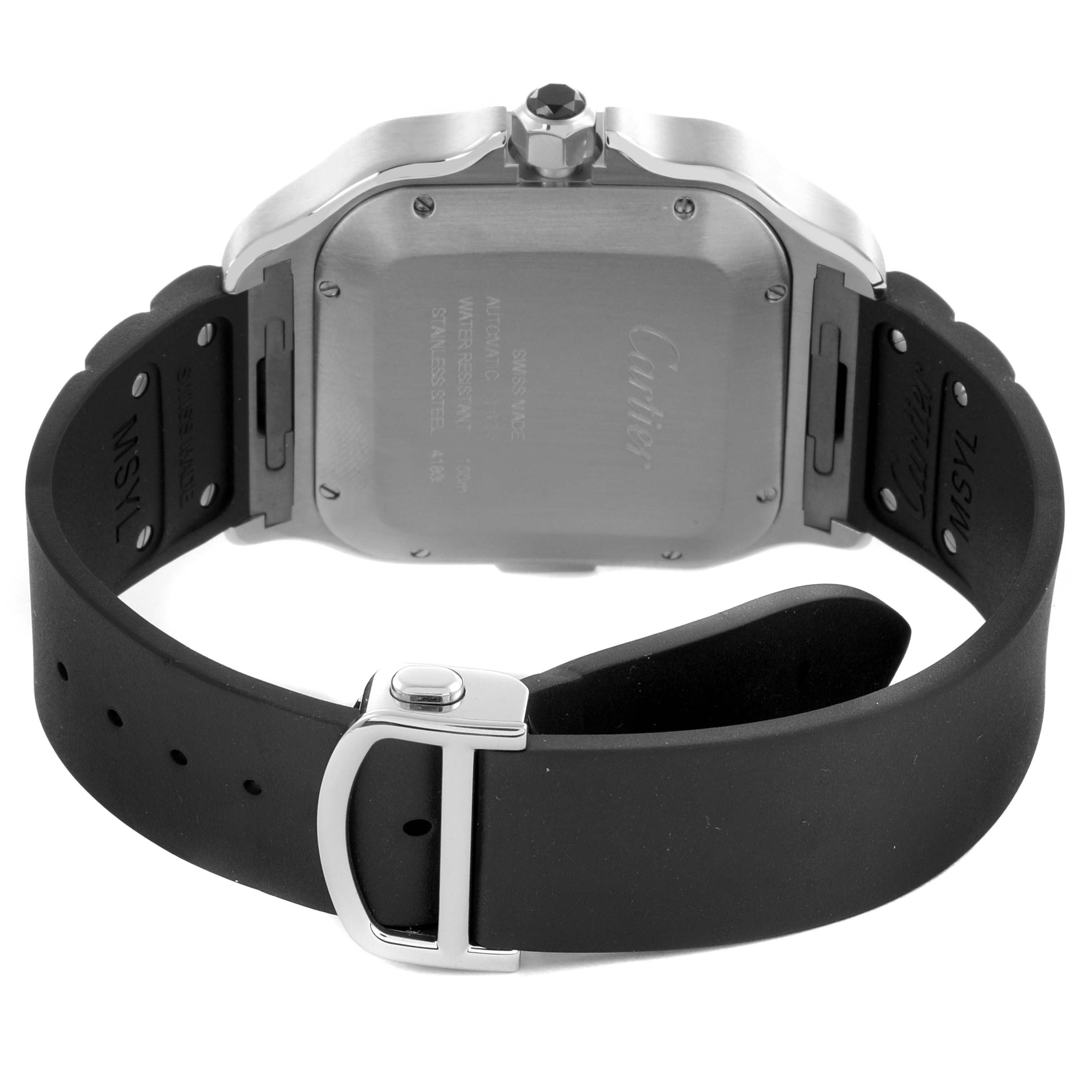The Cartier Santos WSSA0017 Men
s Stainless Steel Silver Dial WSSA0017 Men
s Stainless Steel Silver Dial watch is shown from the back, highlighting the case back and rubber strap with a metal buckle.