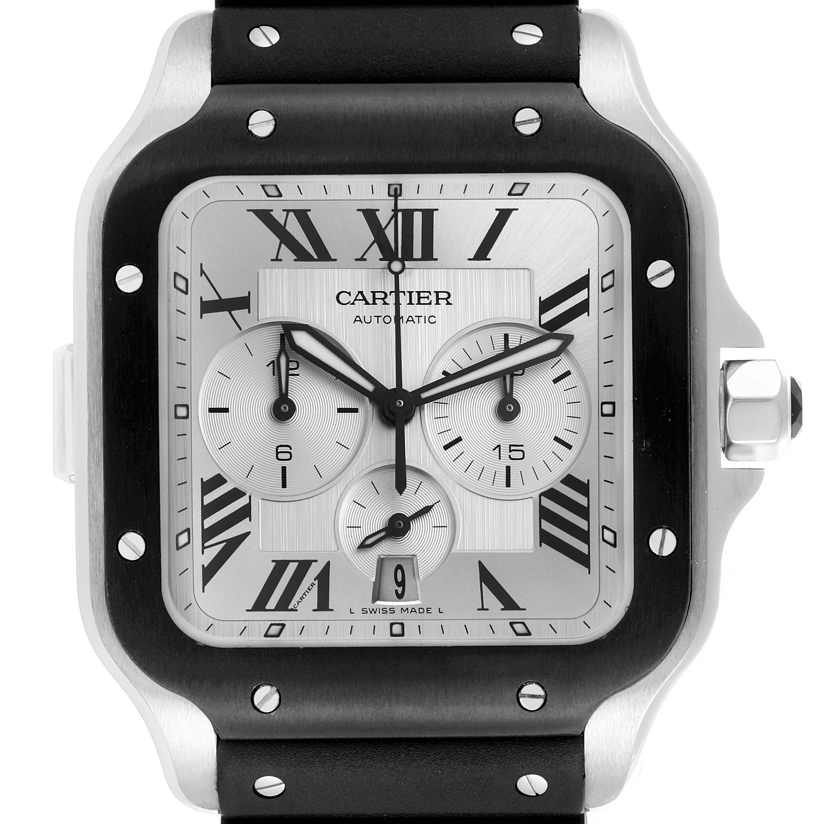 The Cartier Santos WSSA0017 Men
s Stainless Steel Silver Dial WSSA0017 Men
s Stainless Steel Silver Dial watch is shown from the front, highlighting the dial, bezel, and crown.