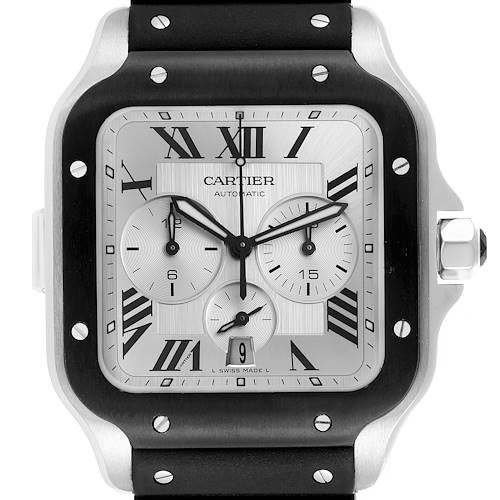 The Cartier Santos watch is shown from the front, displaying the face, bezel, crown, and part of the strap.