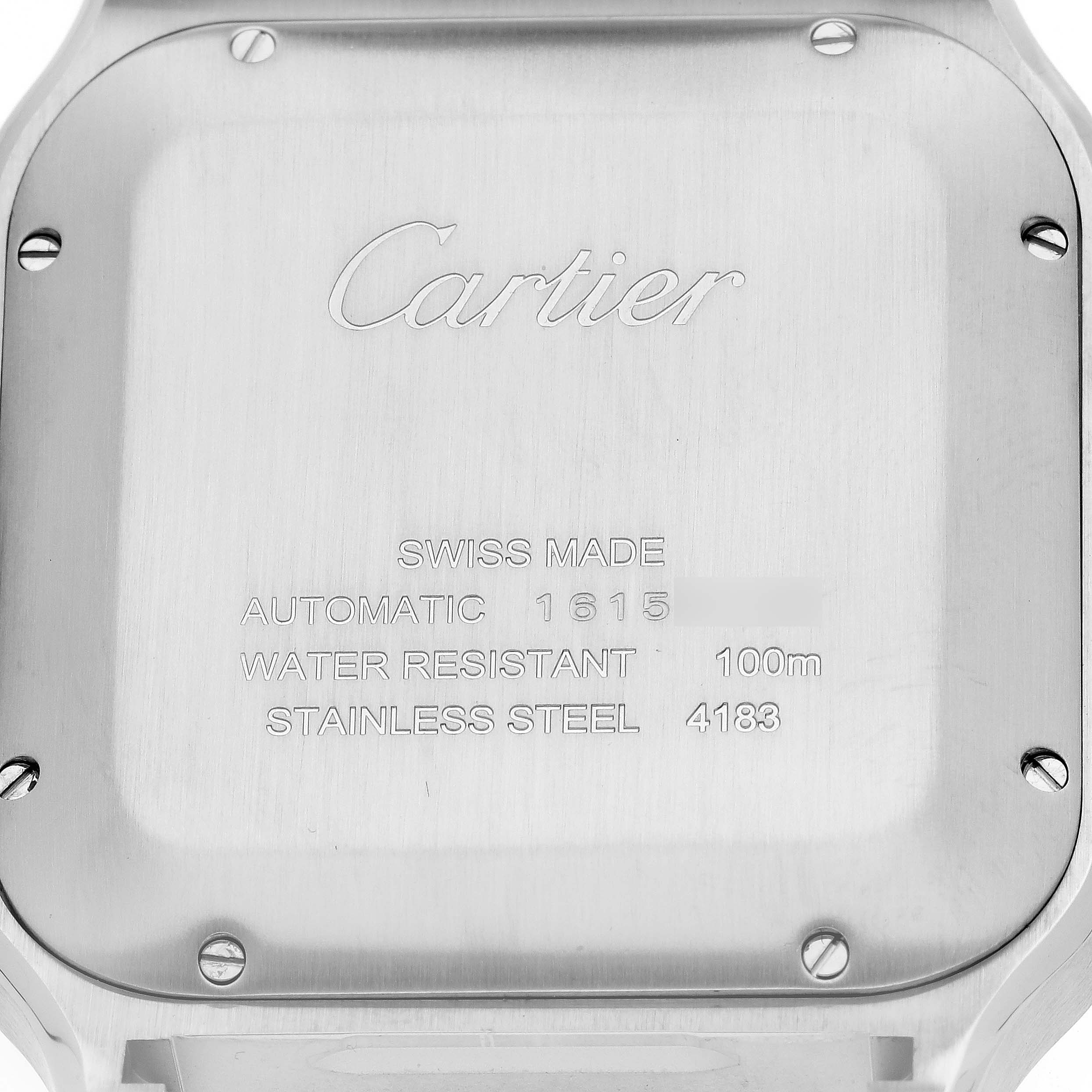 The image shows the back of a Cartier Santos WSSA0017 Men
s Stainless Steel Silver Dial WSSA0017 Men
s Stainless Steel Silver Dial watch, displaying engraving details and screws.