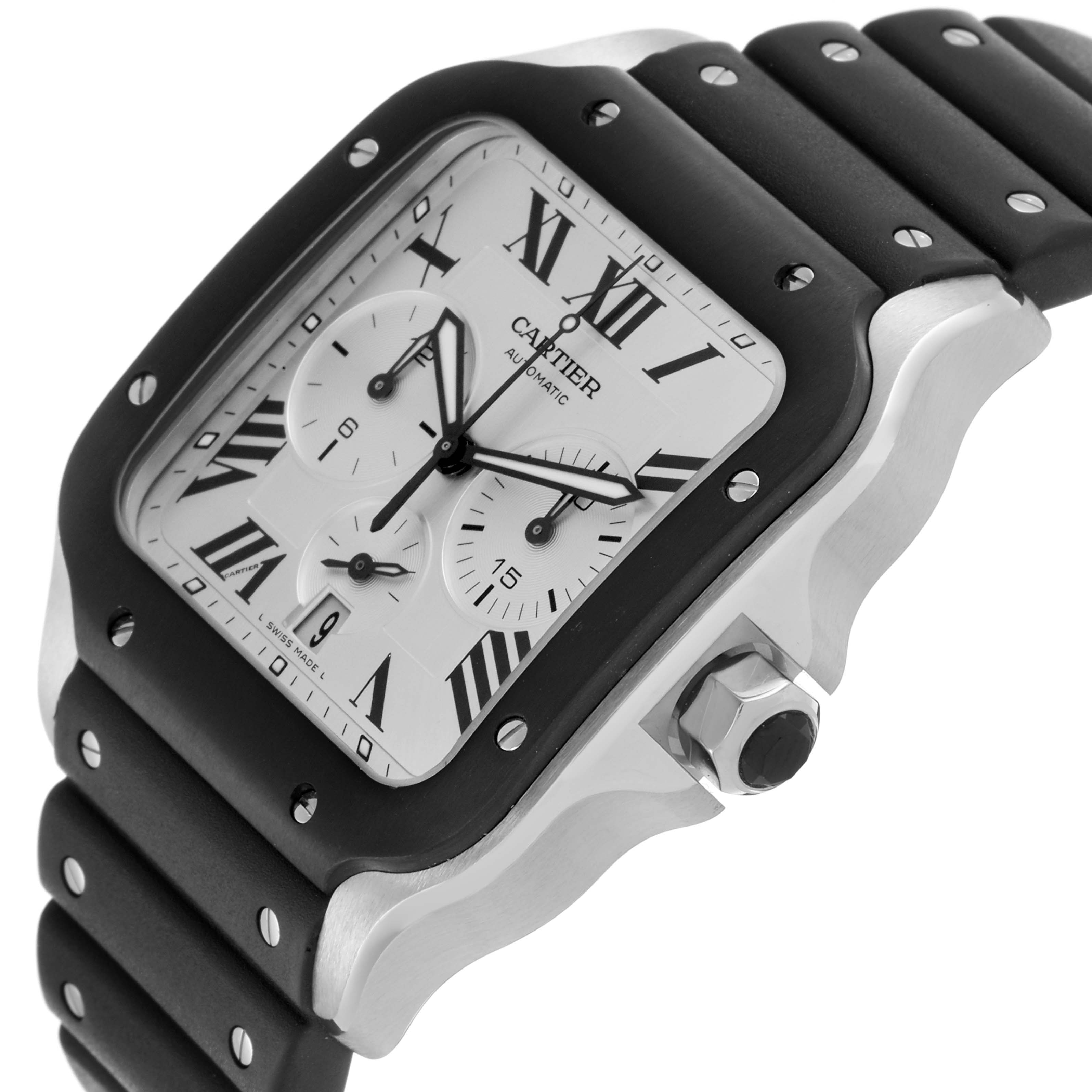The Cartier Santos WSSA0017 Men
s Stainless Steel Silver Dial WSSA0017 Men
s Stainless Steel Silver Dial watch is shown at a slight angle, displaying the face, black bezel, and strap with visible screws.