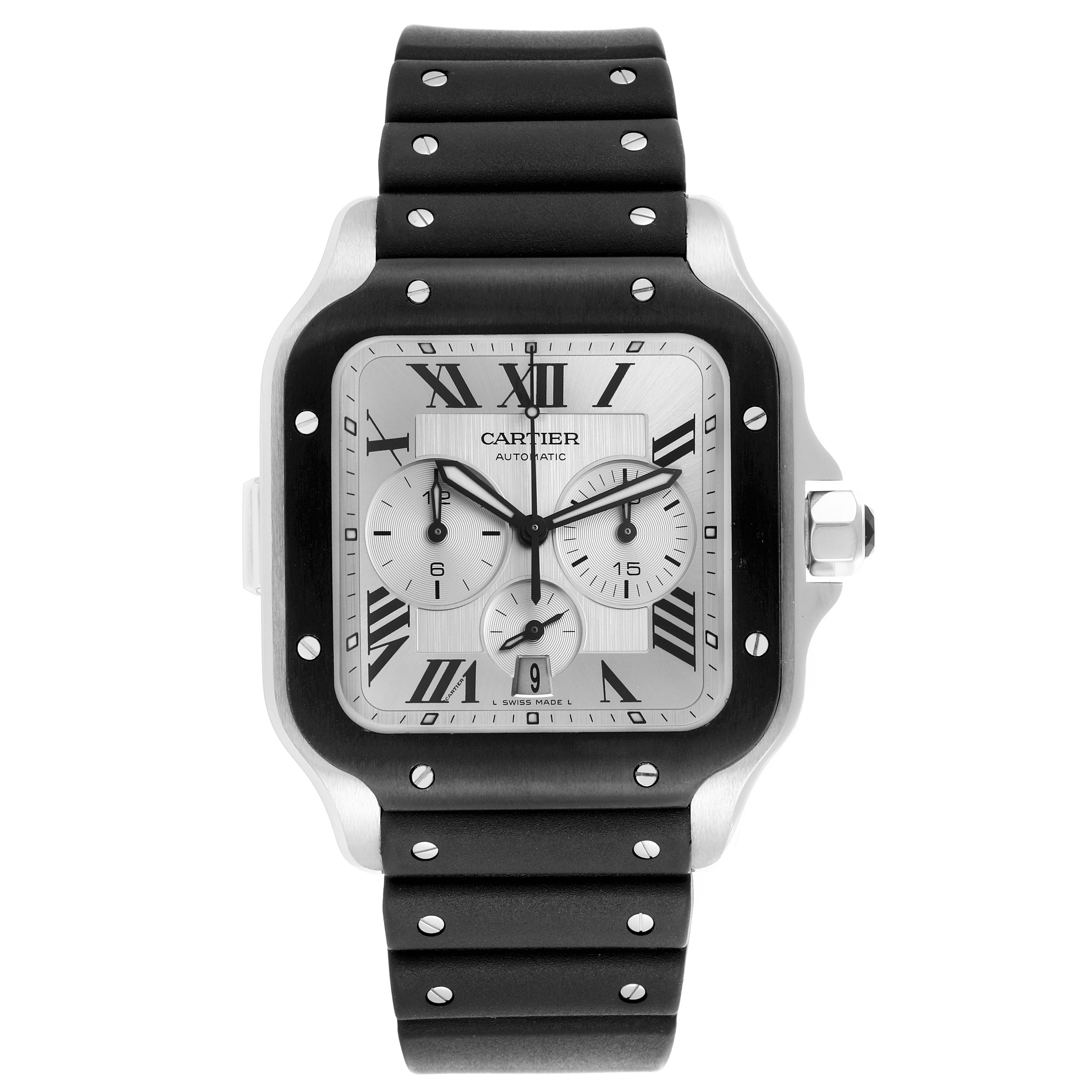 The Cartier Santos WSSA0017 Men
s Stainless Steel Silver Dial WSSA0017 Men
s Stainless Steel Silver Dial watch is shown from the front, highlighting the face, bezel, and rubber strap with visible screws.