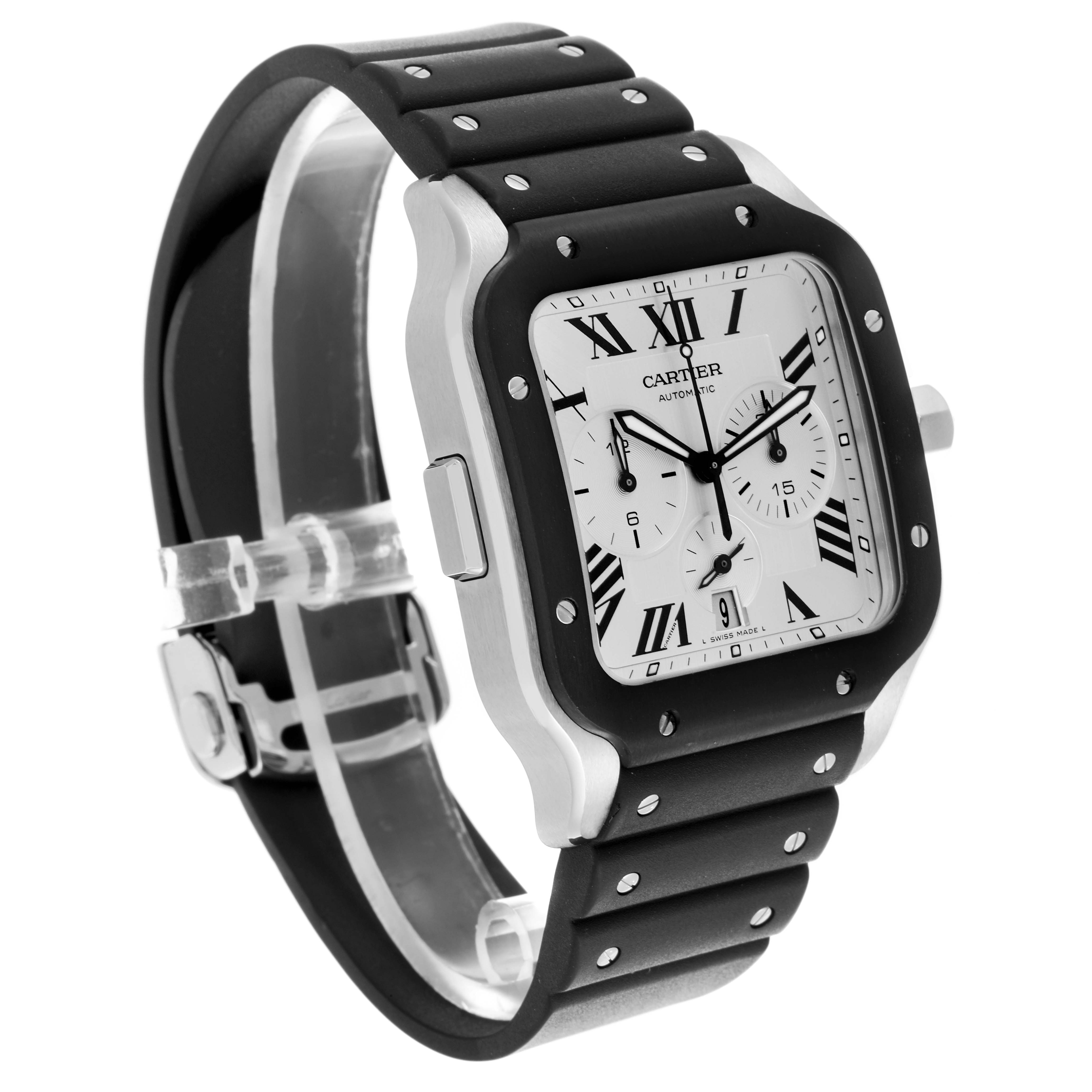 The Cartier Santos WSSA0017 Men
s Stainless Steel Silver Dial WSSA0017 Men
s Stainless Steel Silver Dial watch is shown at an angled side view, displaying the face, strap, and crown.