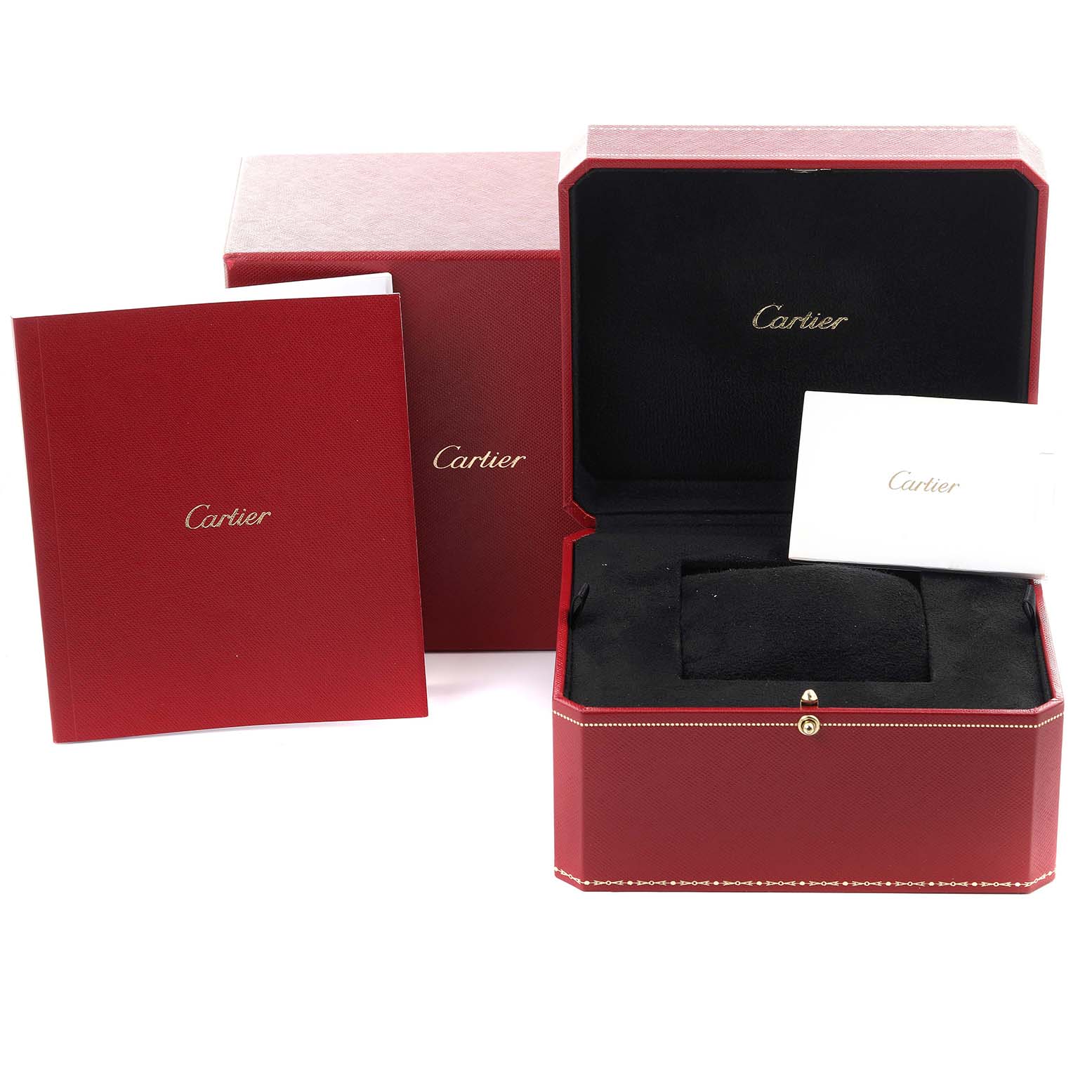 The image shows a Cartier Santos WSSA0017 Men
s Stainless Steel Silver Dial WSSA0017 Men
s Stainless Steel Silver Dial watch box, booklet, and storage case from a front angle.