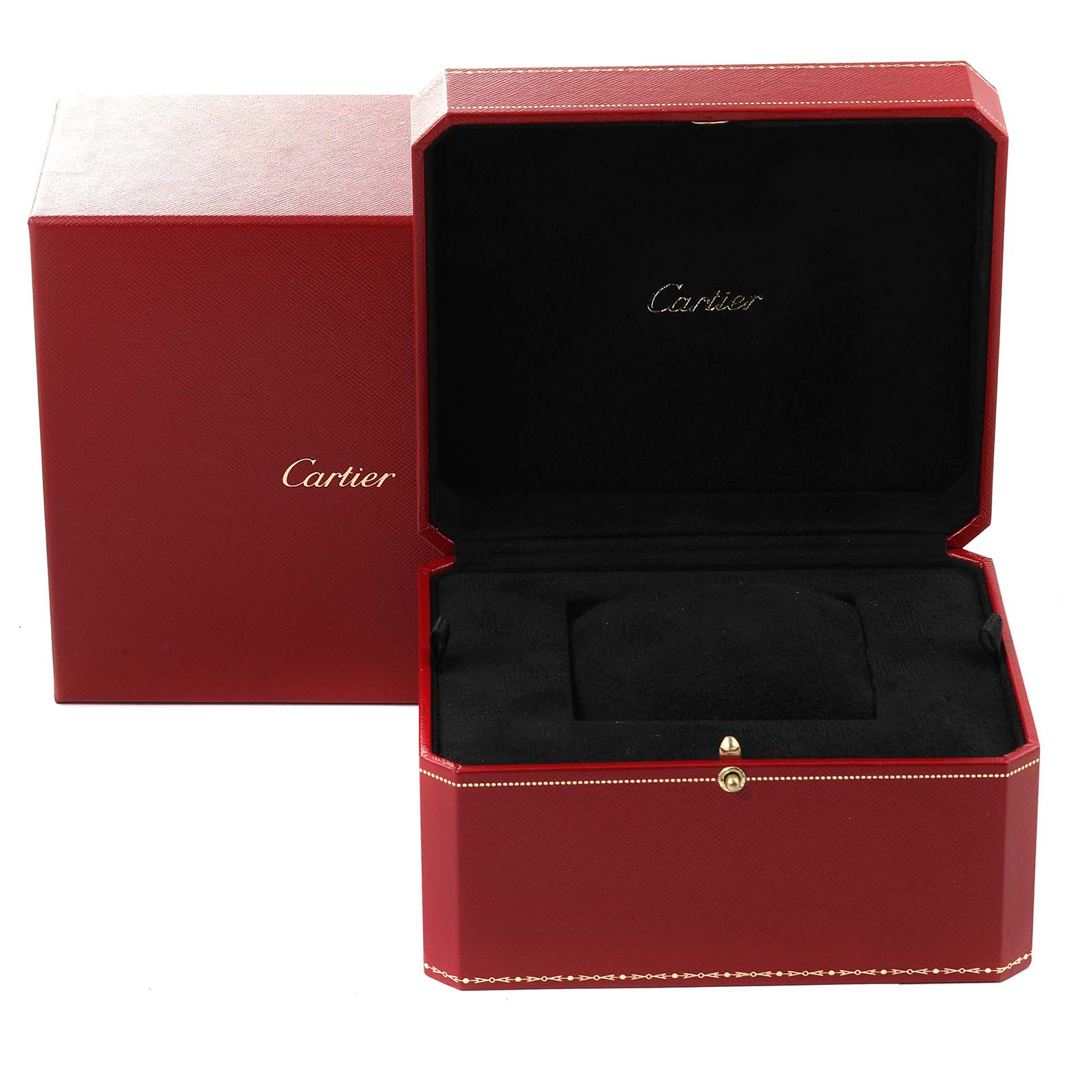 The image shows a Cartier Tank Americaine W26015K2 Women
s Yellow Gold Silver Dial W26015K2 Women
s Yellow Gold Silver Dial watch box, open to display the interior and its watch cushion.