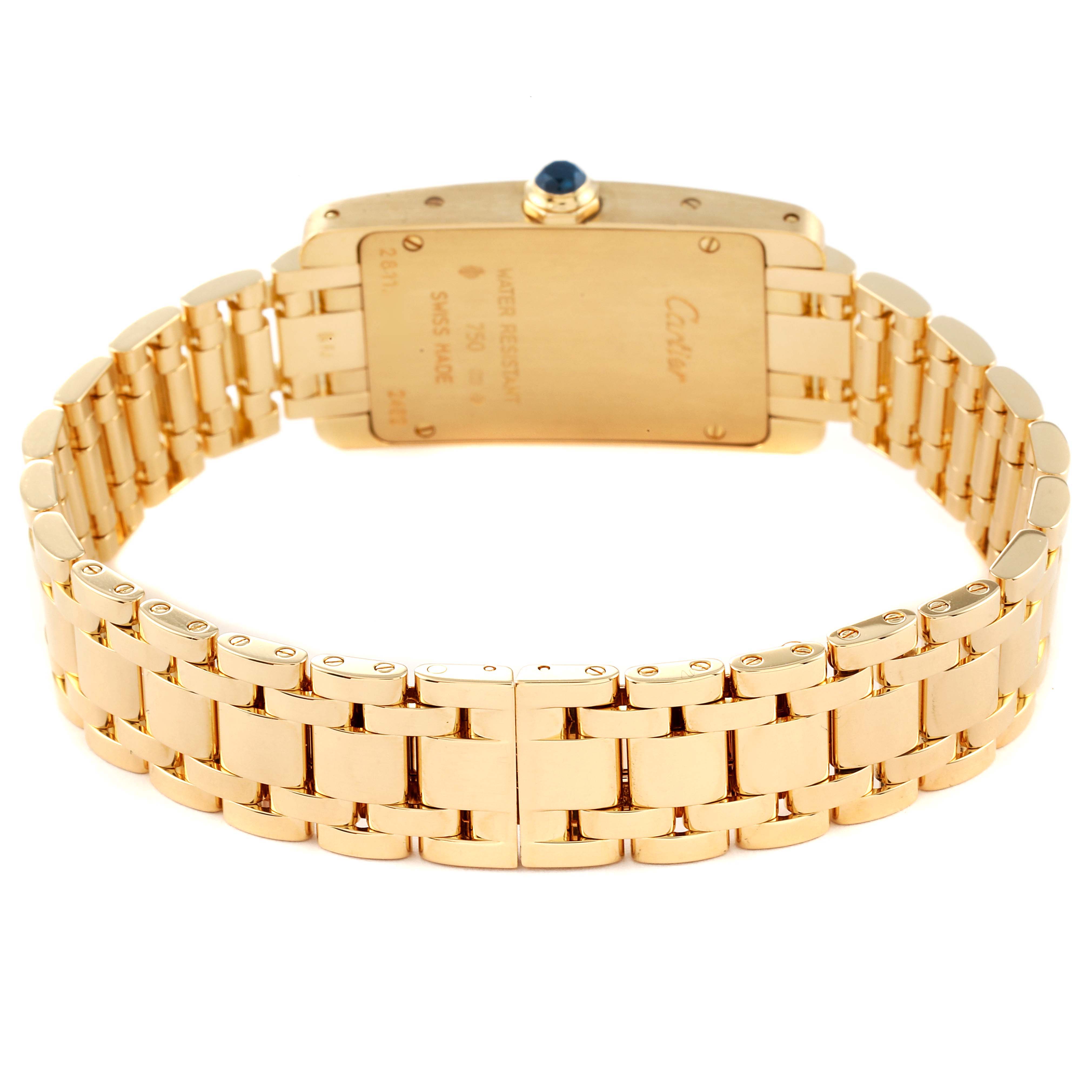 The image shows the back and bracelet of a Cartier Tank Americaine W26015K2 Women
s Yellow Gold Silver Dial W26015K2 Women
s Yellow Gold Silver Dial watch, focusing on its gold links and clasp.