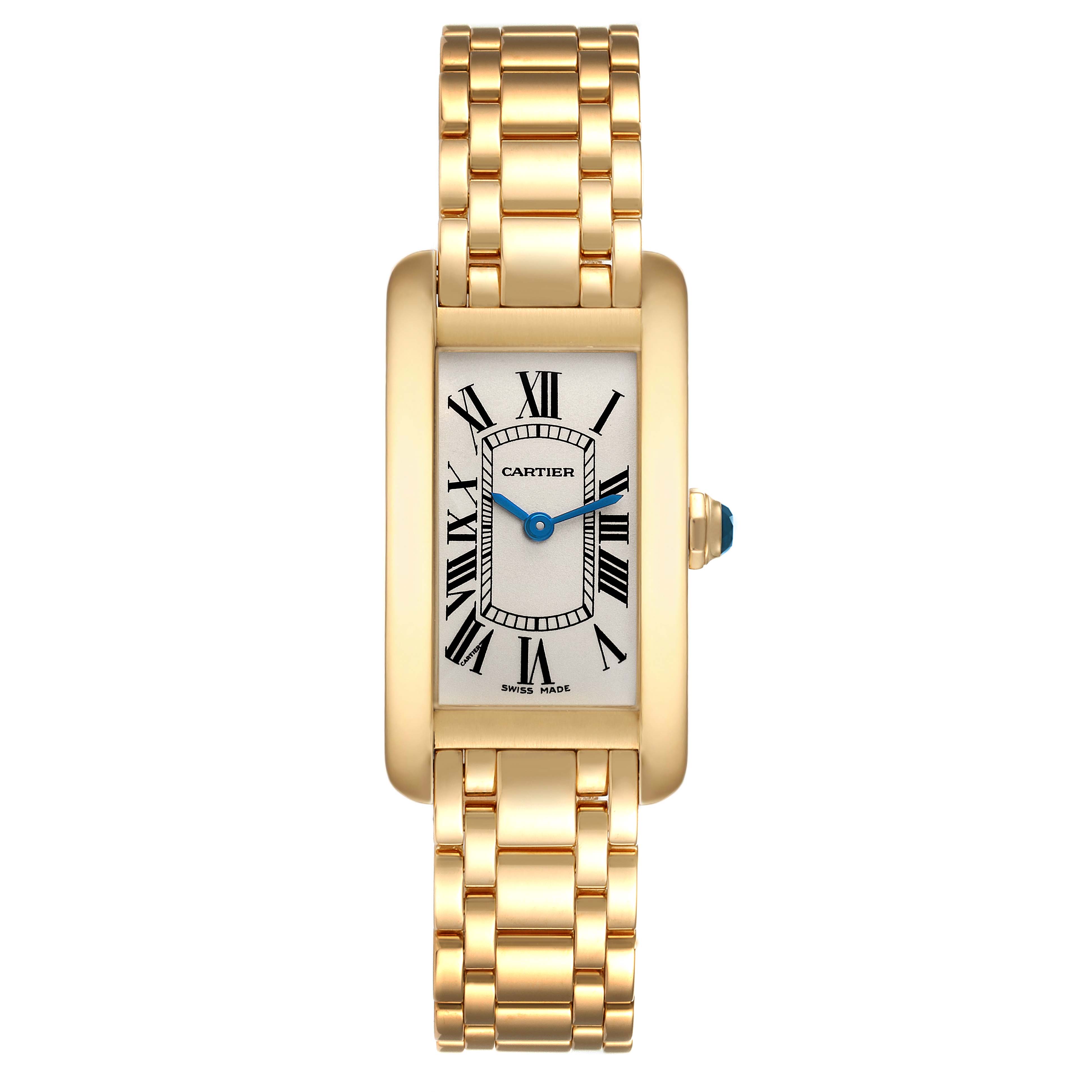 The image shows a full frontal view of the Cartier Tank Américaine watch, displaying the face, bracelet, and blue sapphire crown.