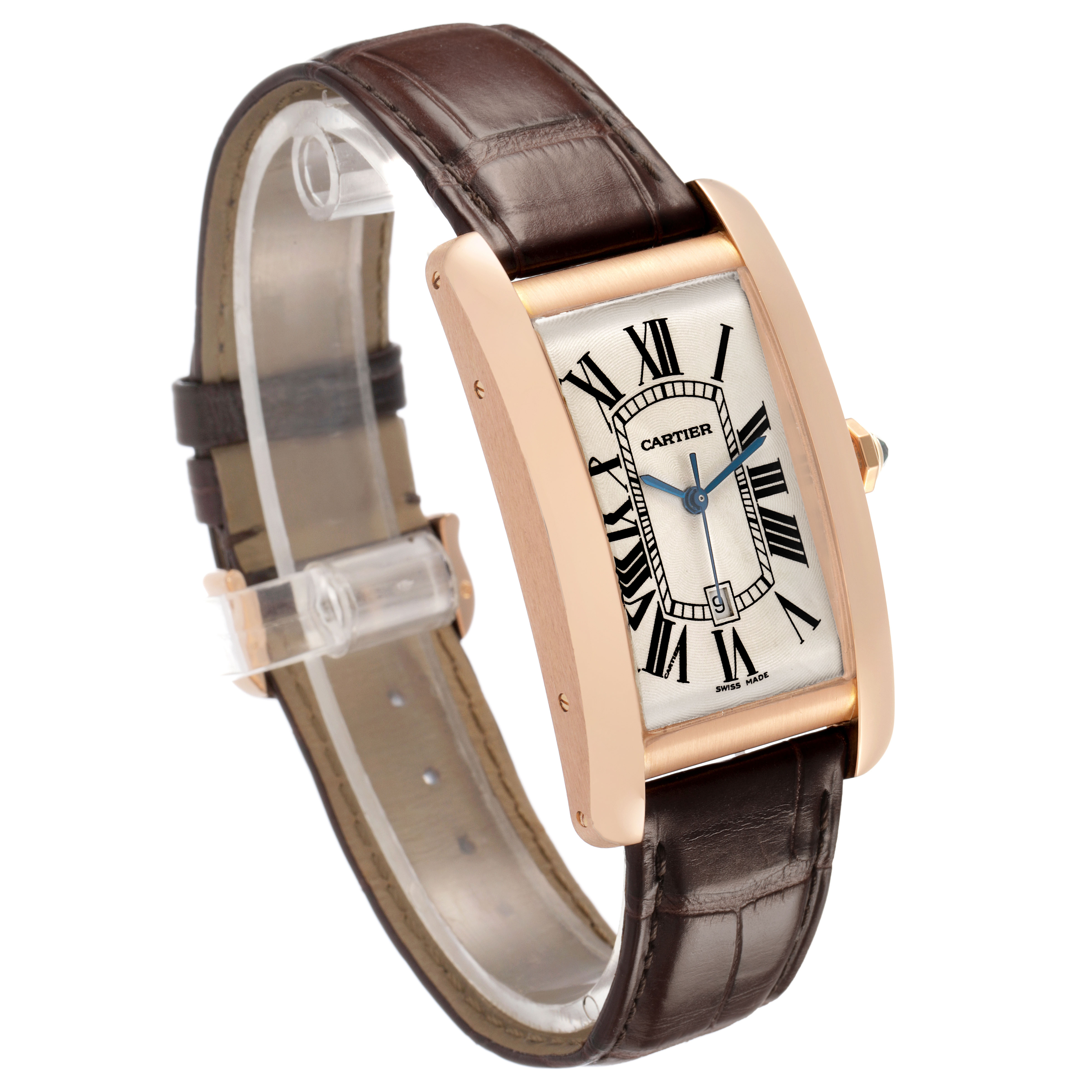 The Cartier Tank Americaine W2609156 Men's Rose Gold Silver Dial watch is shown from a three-quarter angle, highlighting its rectangular face, Roman numerals, and brown leather strap.
